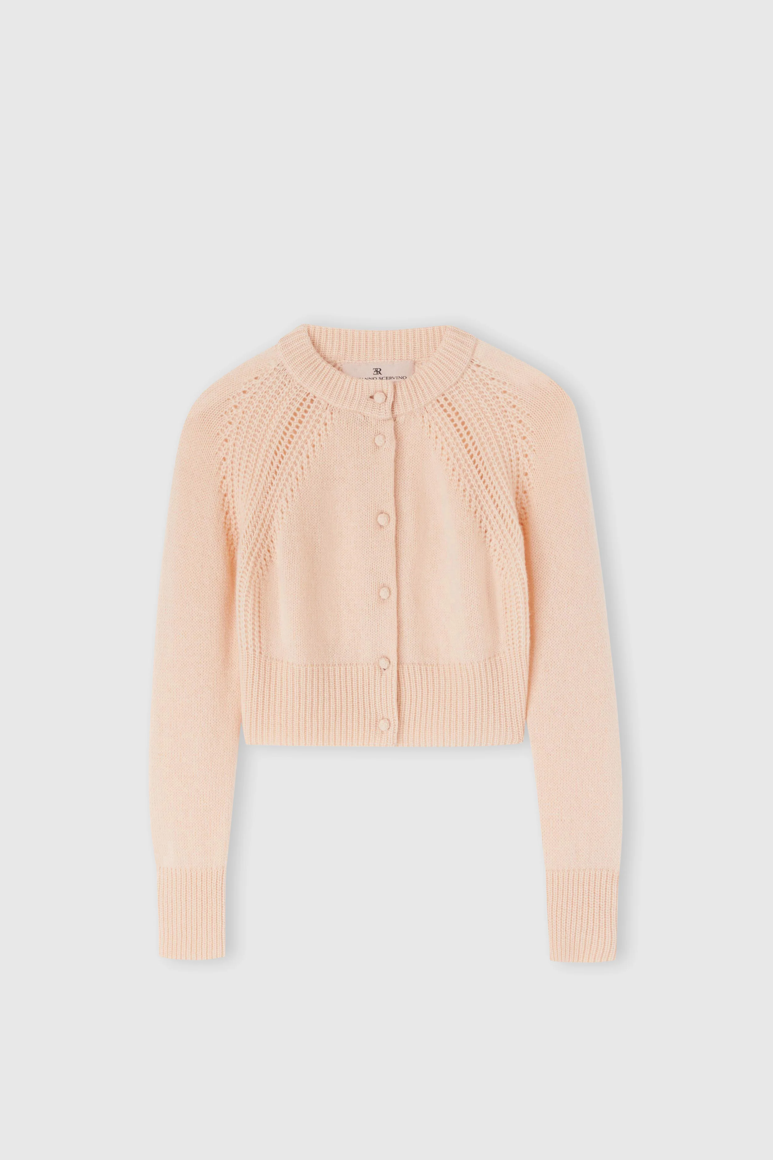 Cropped cardigan in pure cashmere with covered buttons and jour stitching