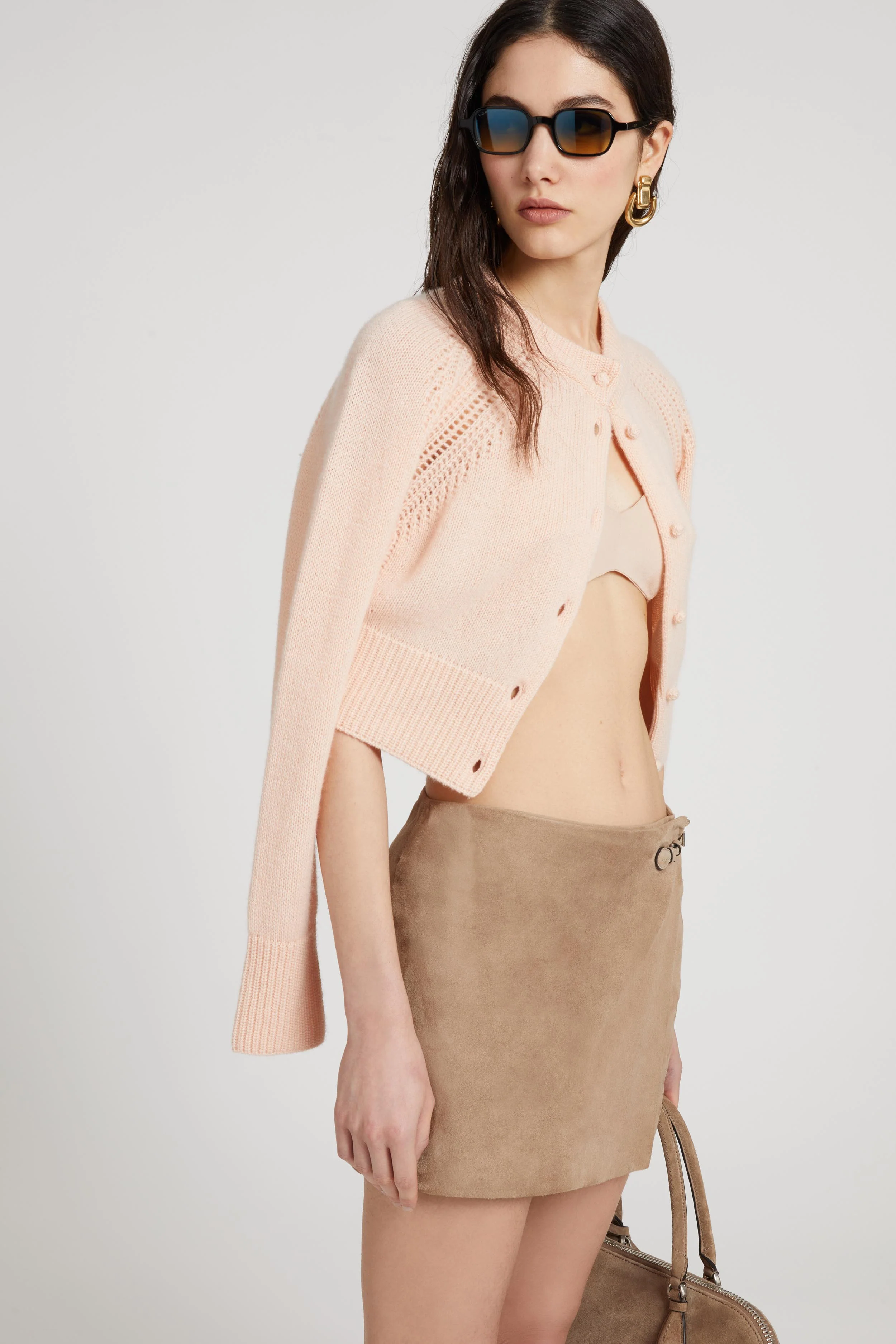 Cropped cardigan in pure cashmere with covered buttons and jour stitching - Image 2