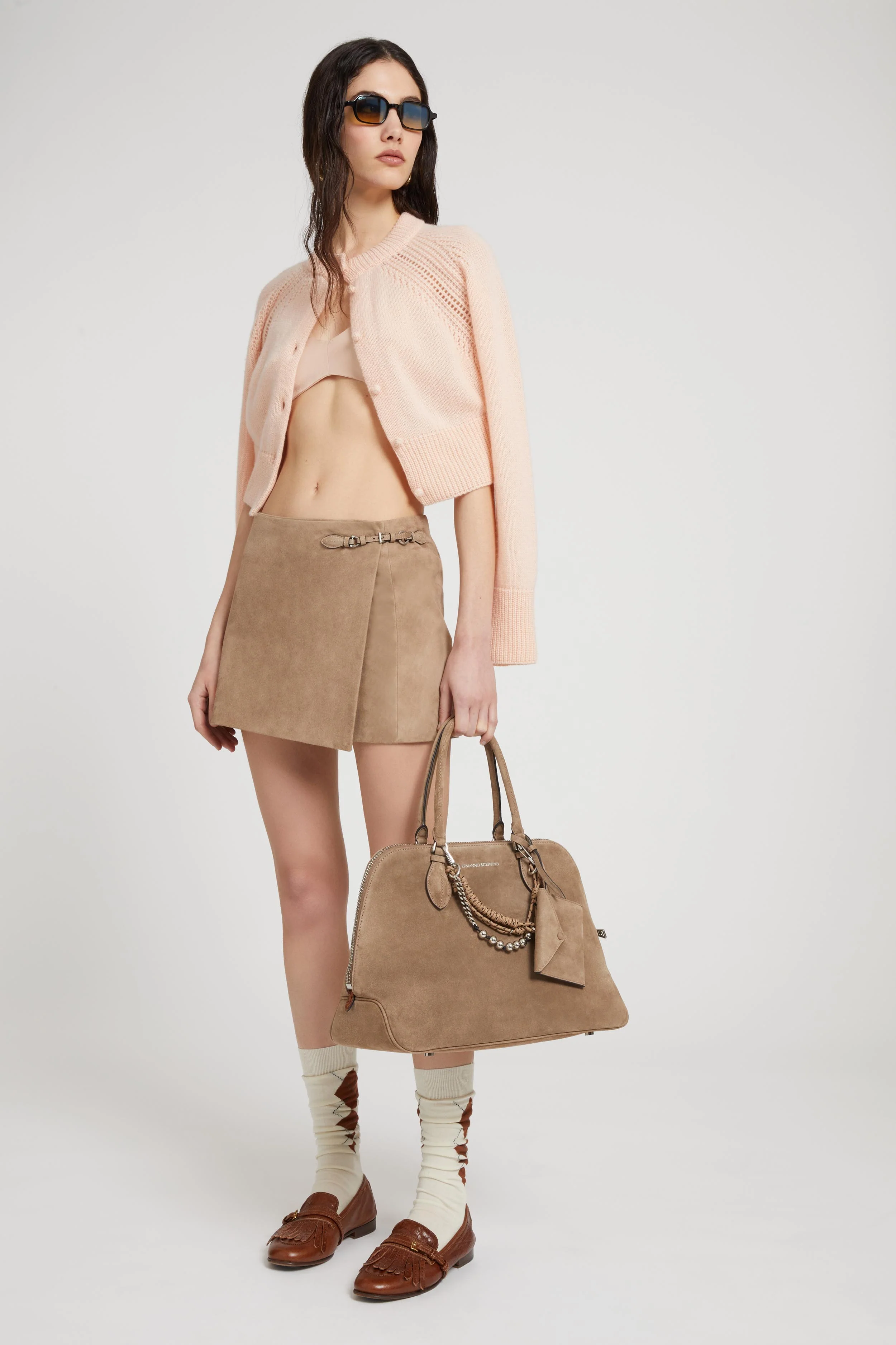 Cropped cardigan in pure cashmere with covered buttons and jour stitching - Image 3