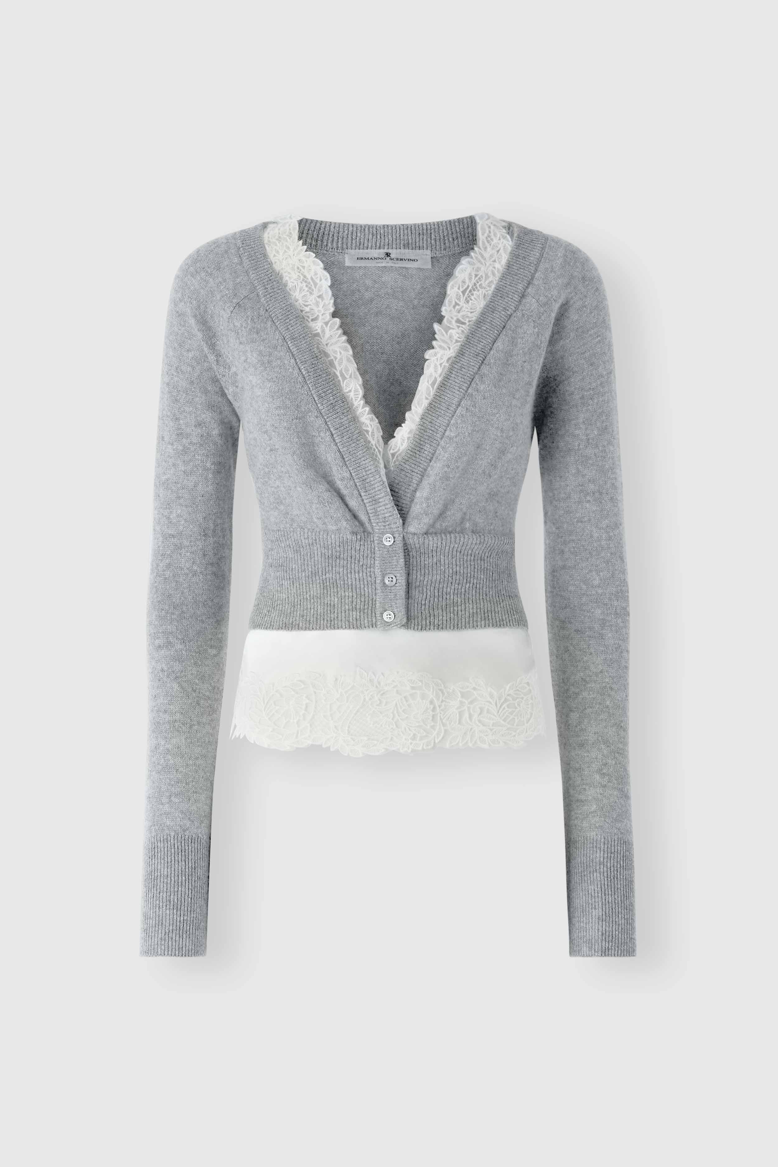 Cropped cashmere cardigan with pleated satin insert and rebrodé lace