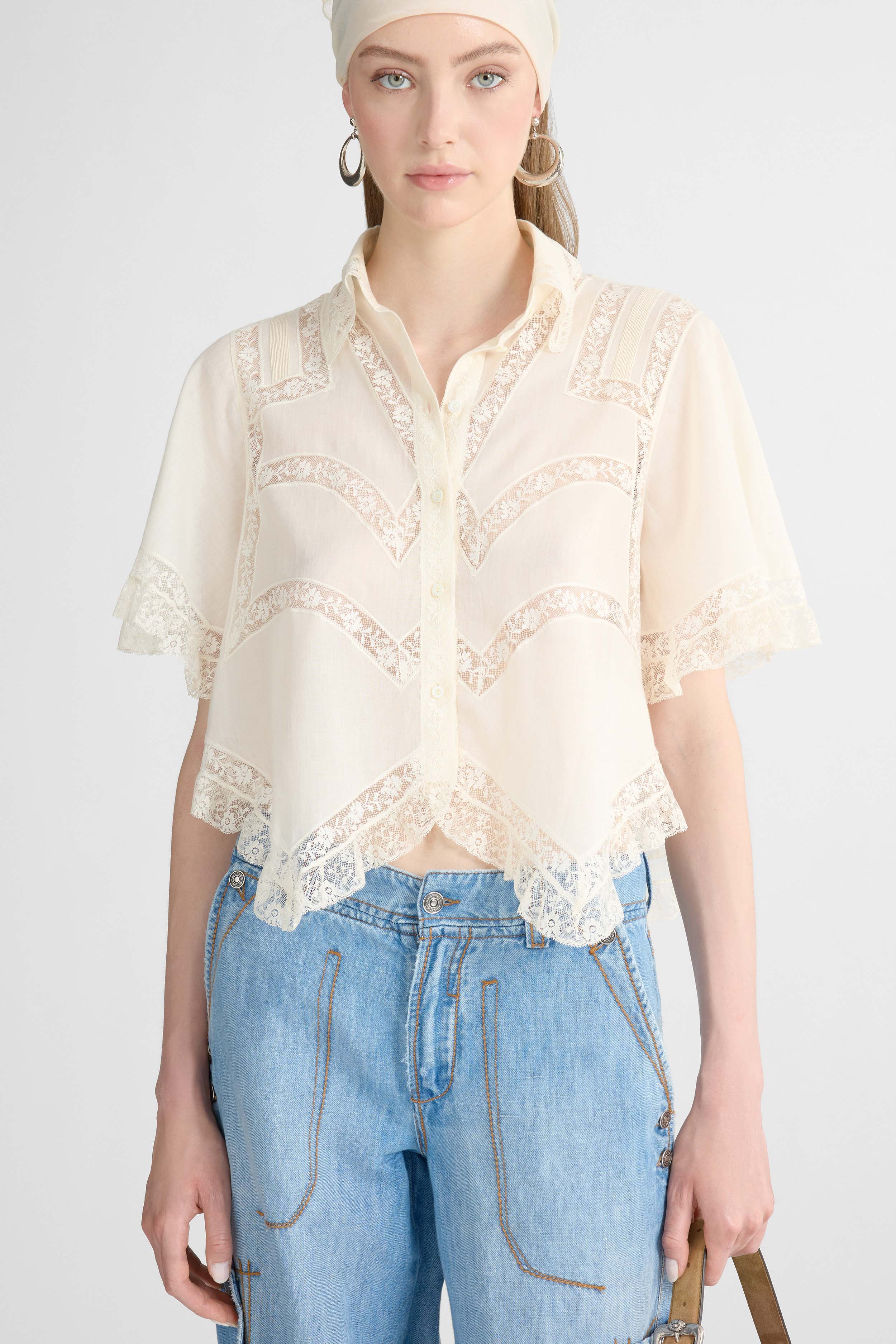 Cropped Cotton Muslin Shirt with Valencienne Lace - Image 2