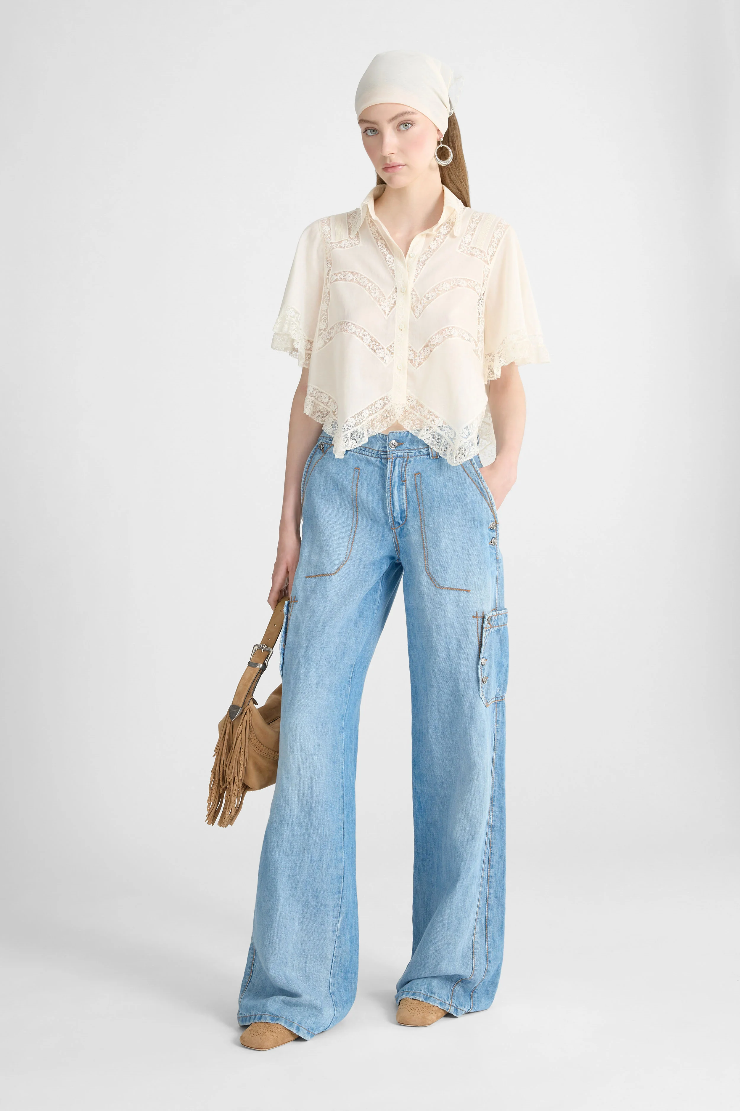 Cropped Cotton Muslin Shirt with Valencienne Lace - Image 3