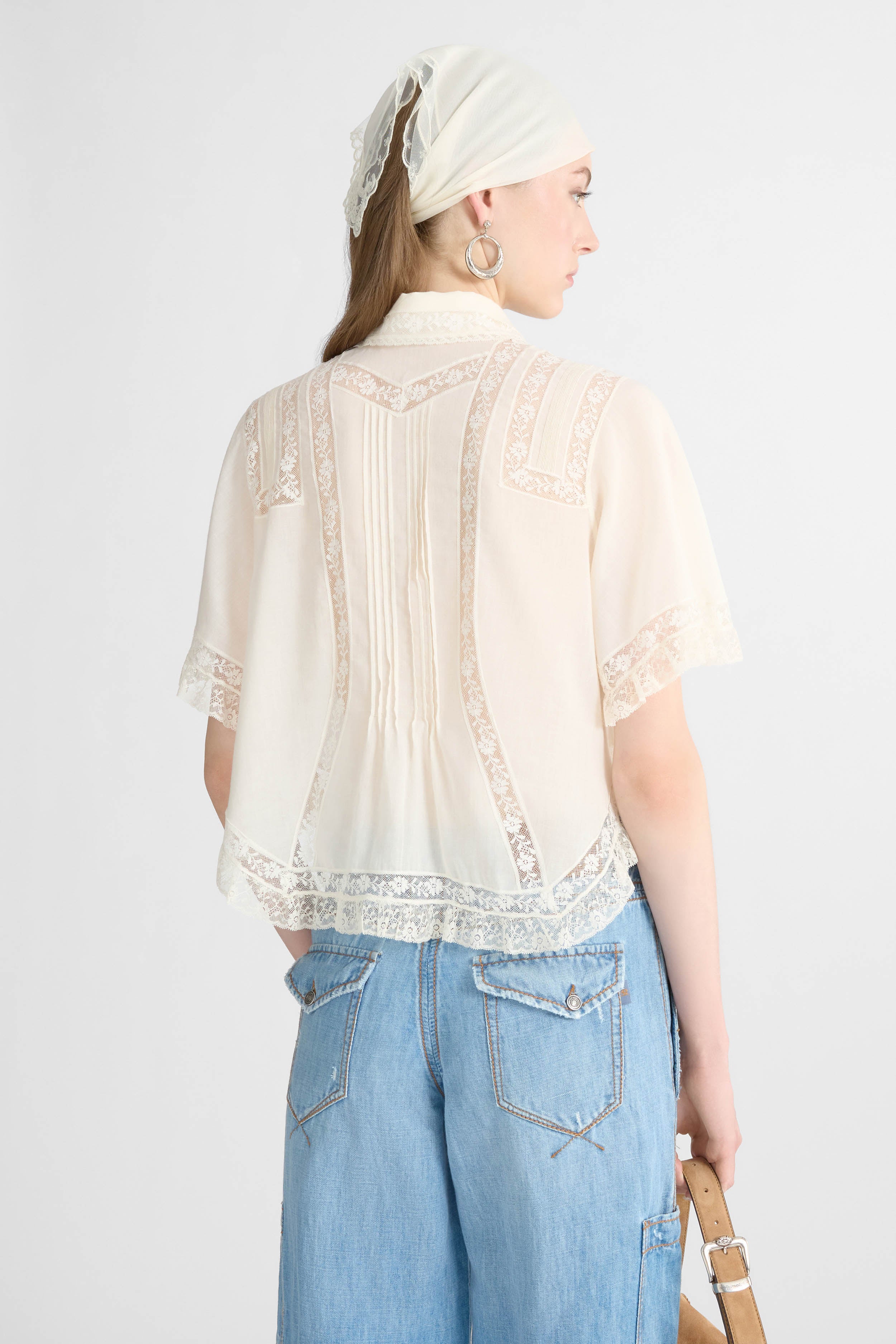 Cropped Cotton Muslin Shirt with Valencienne Lace - Image 5