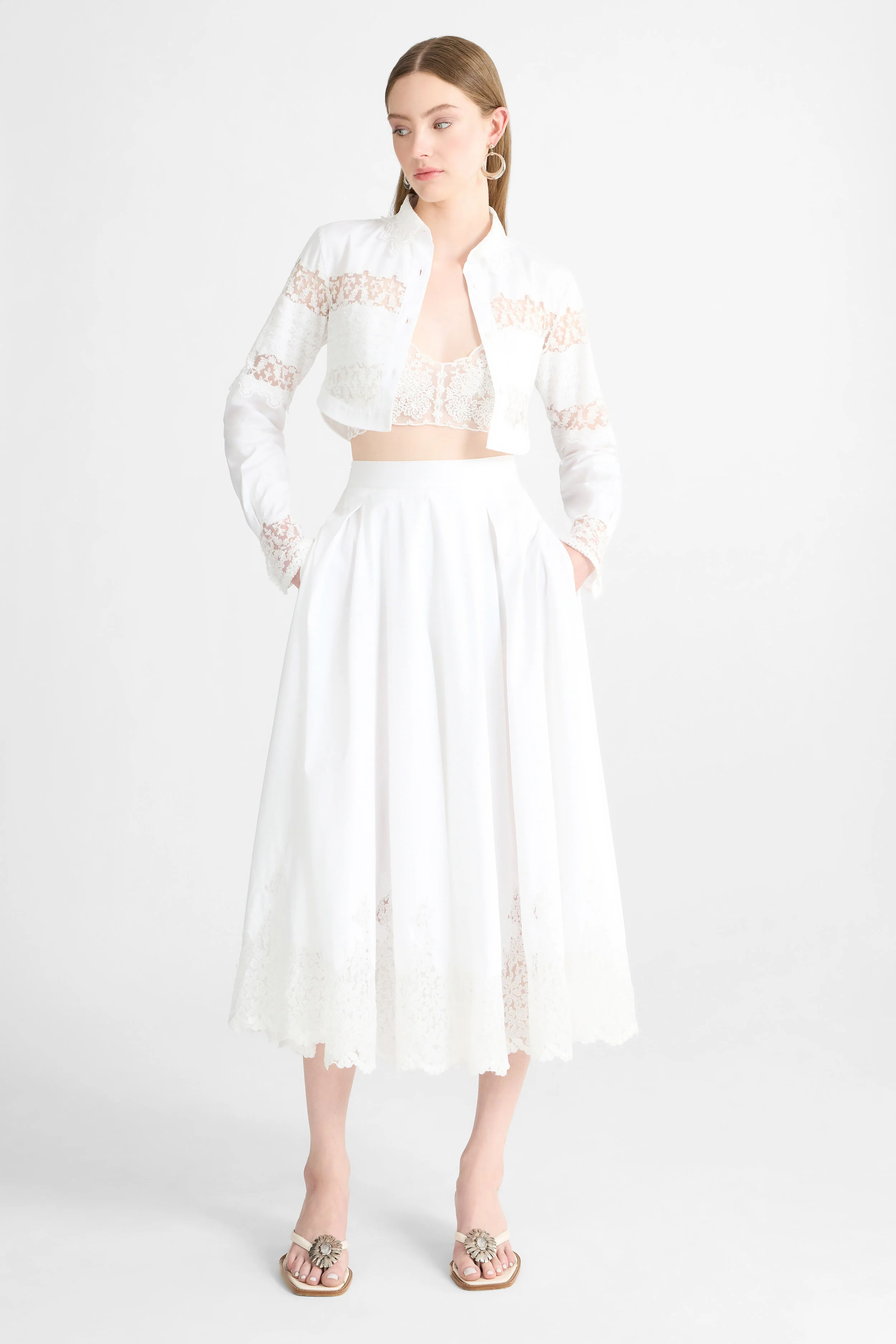 Cropped Cotton Poplin Shirt with Valencienne Lace - Image 3