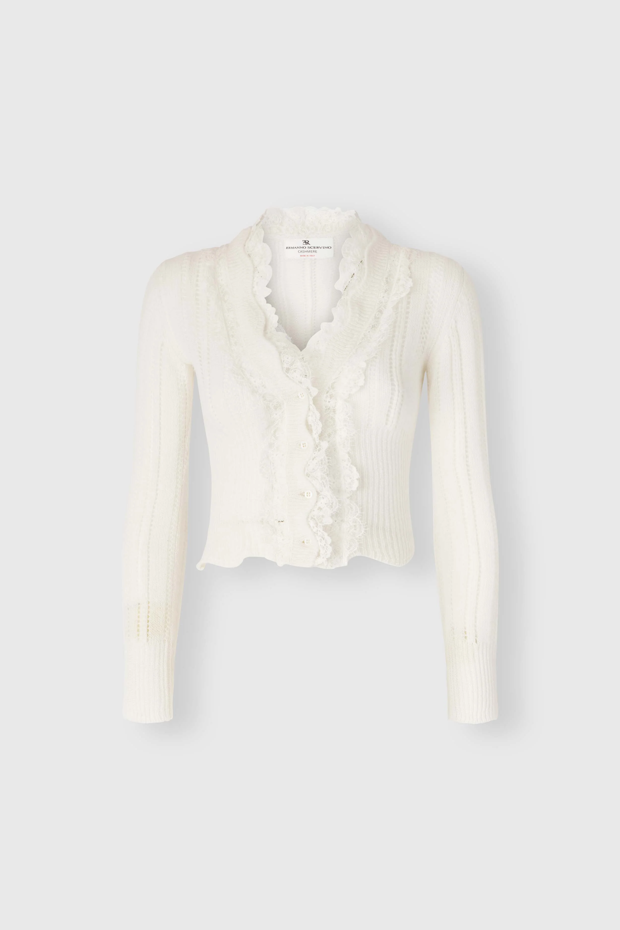 Cropped pure cashmere cardigan with French lace and valencienne inserts