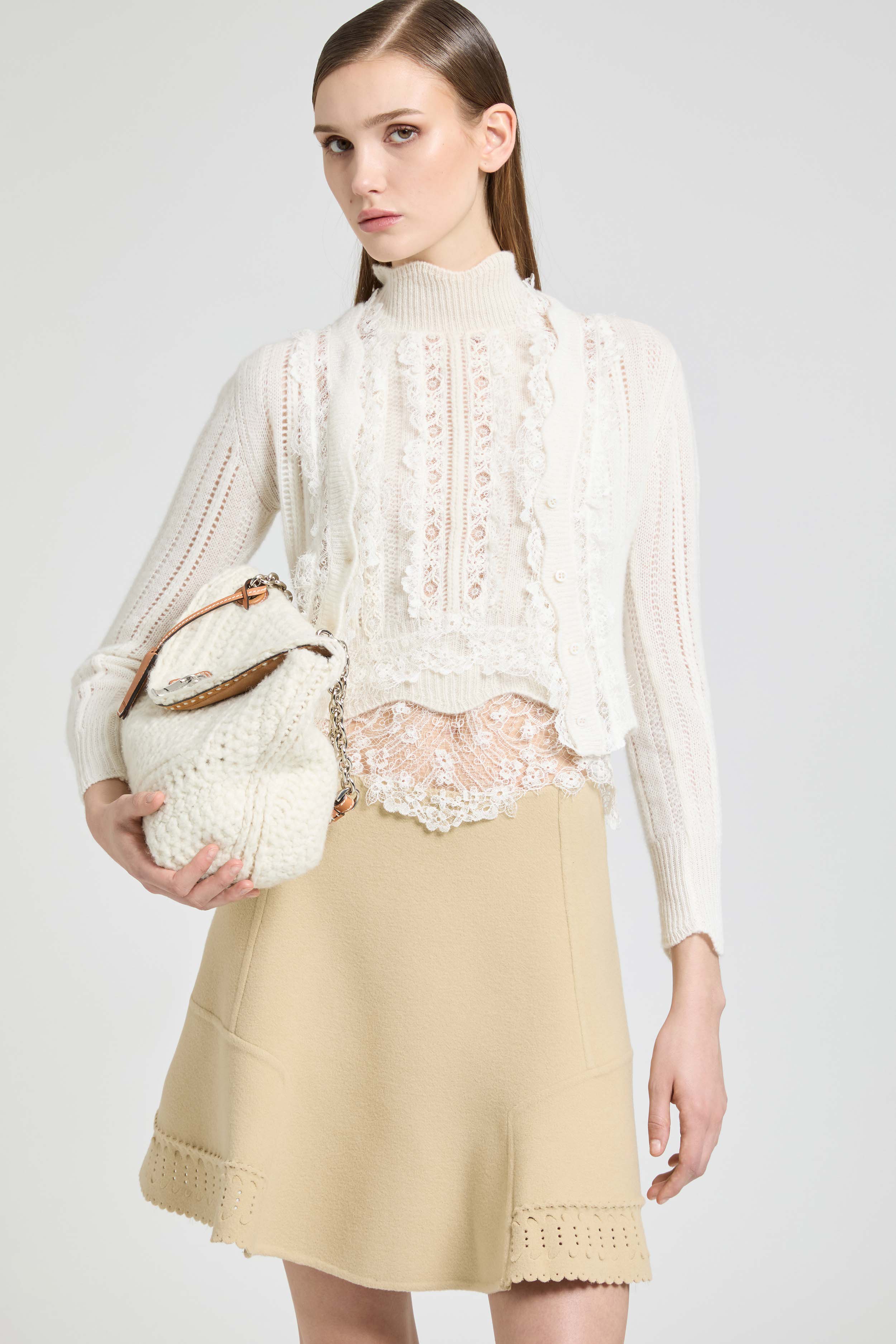 Cropped pure cashmere cardigan with French lace and valencienne inserts - Image 3