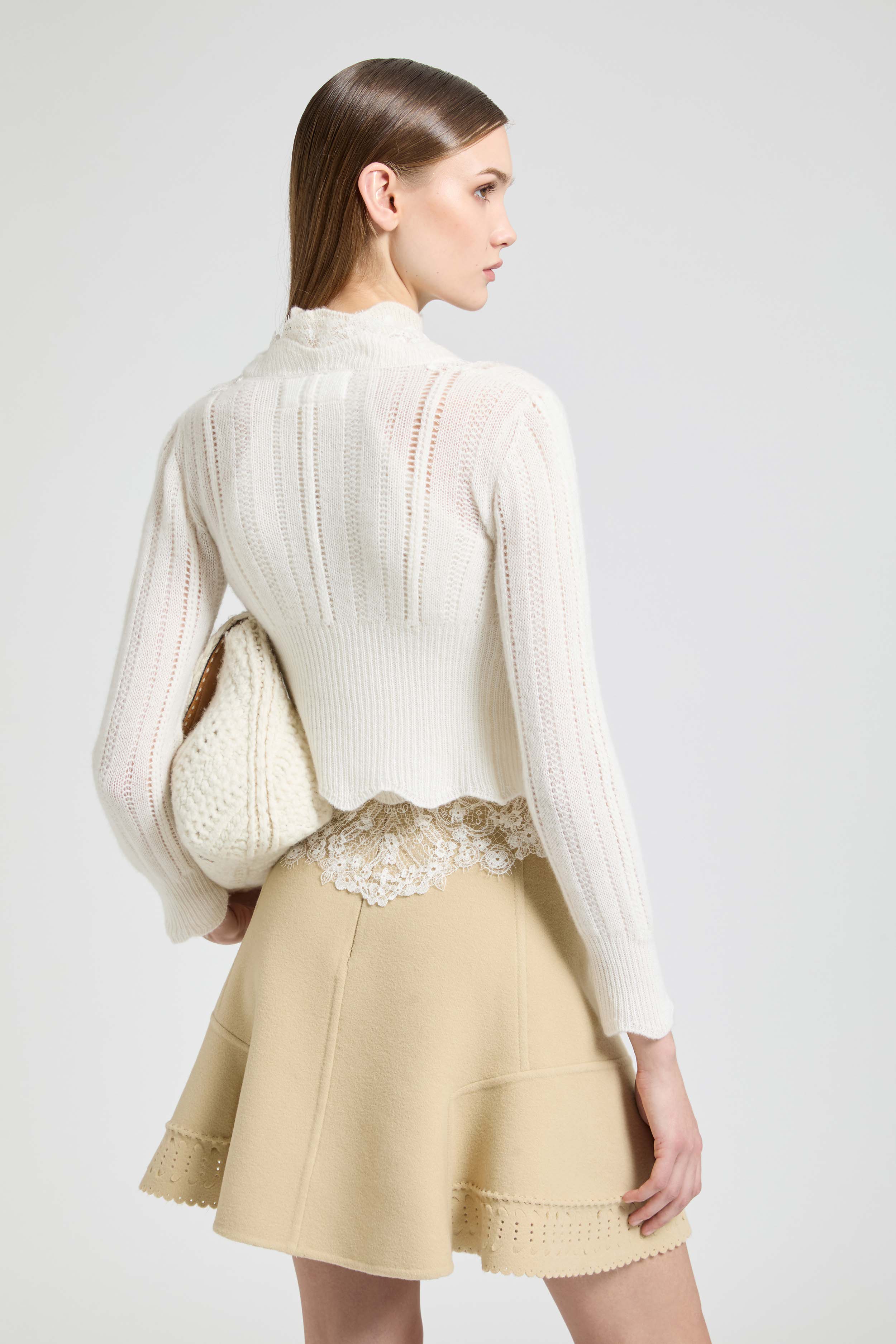 Cropped pure cashmere cardigan with French lace and valencienne inserts - Image 4