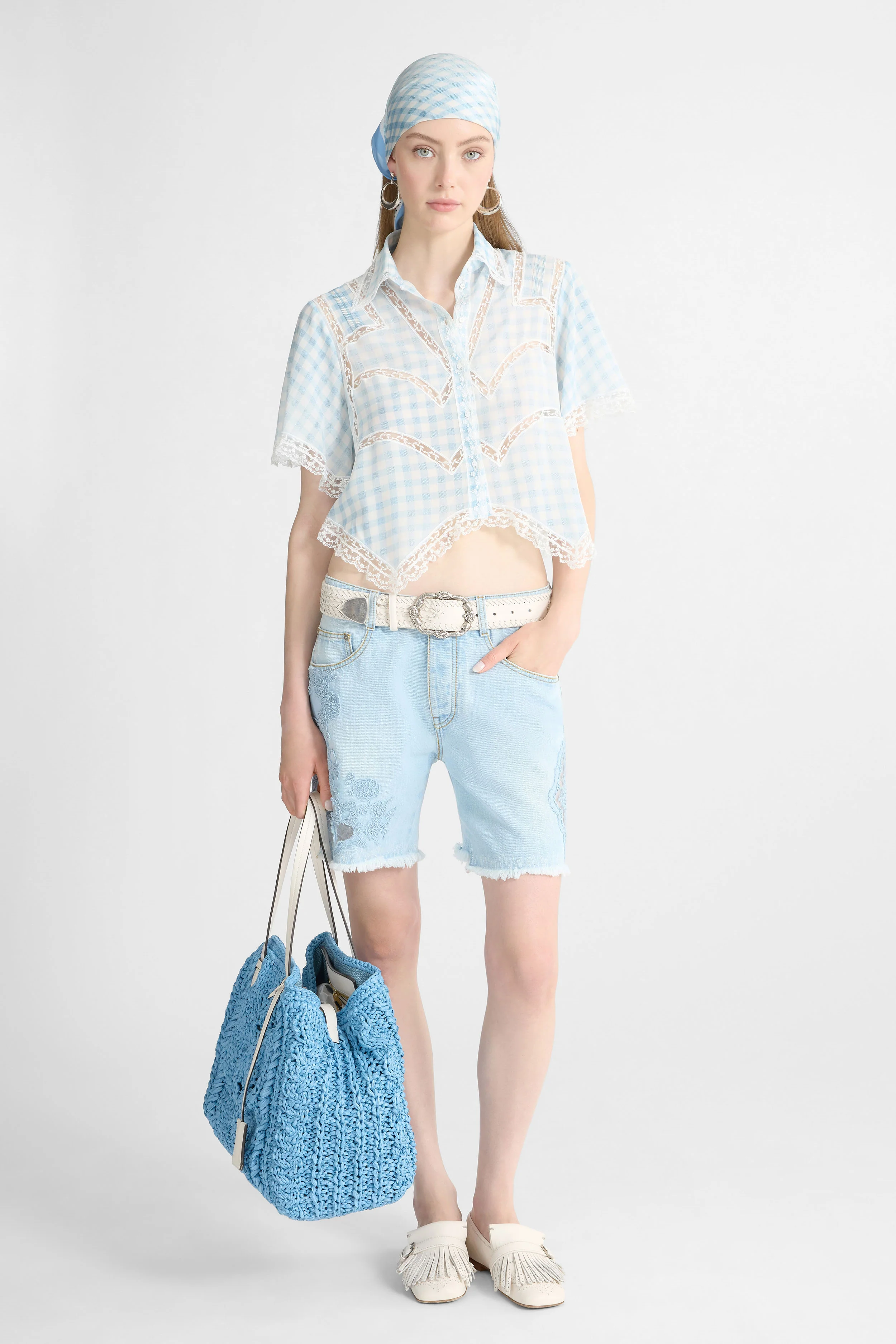 Cropped Silk Shirt with Blue Vichy Print and Valencienne Lace - Image 2