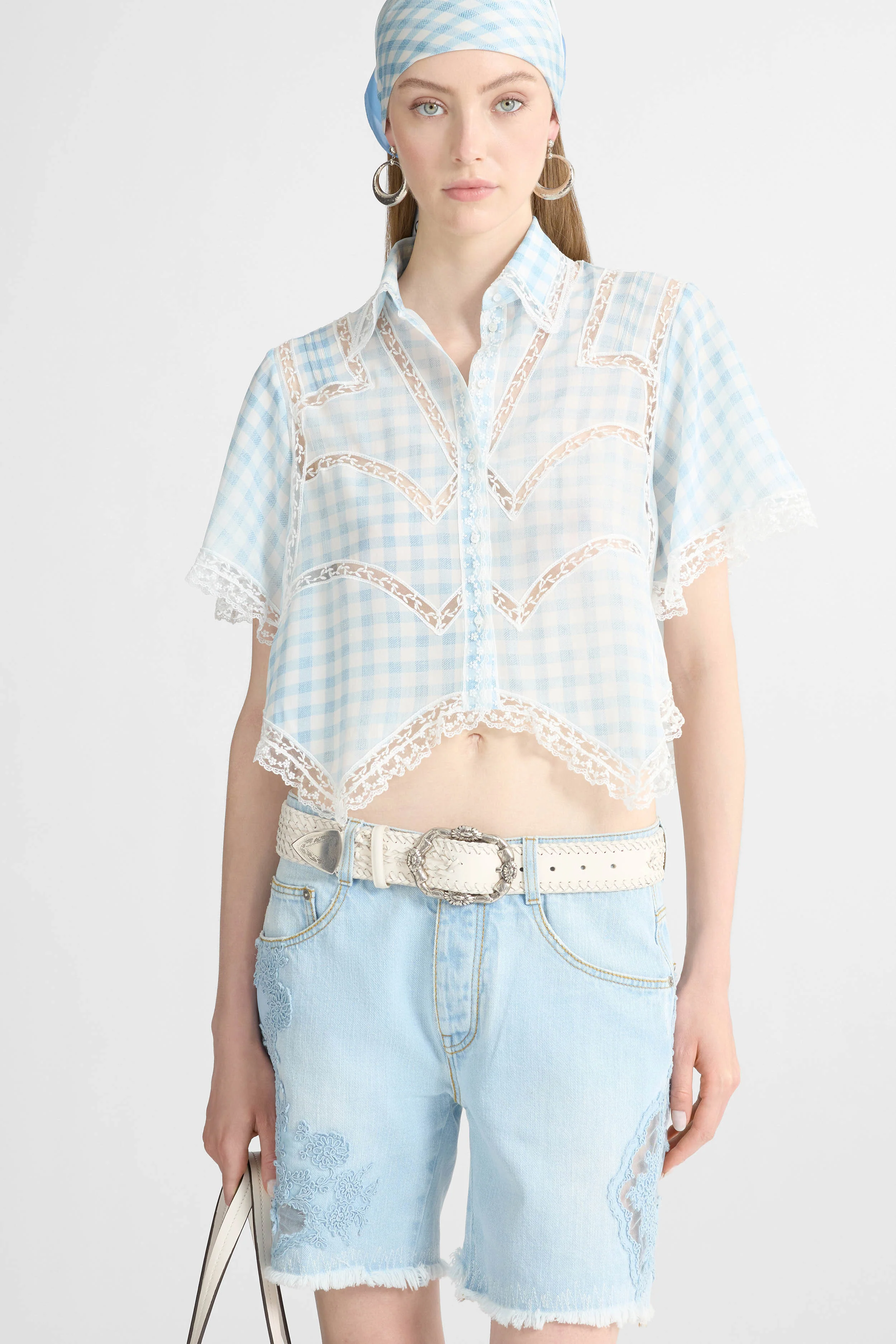 Cropped Silk Shirt with Blue Vichy Print and Valencienne Lace - Image 3