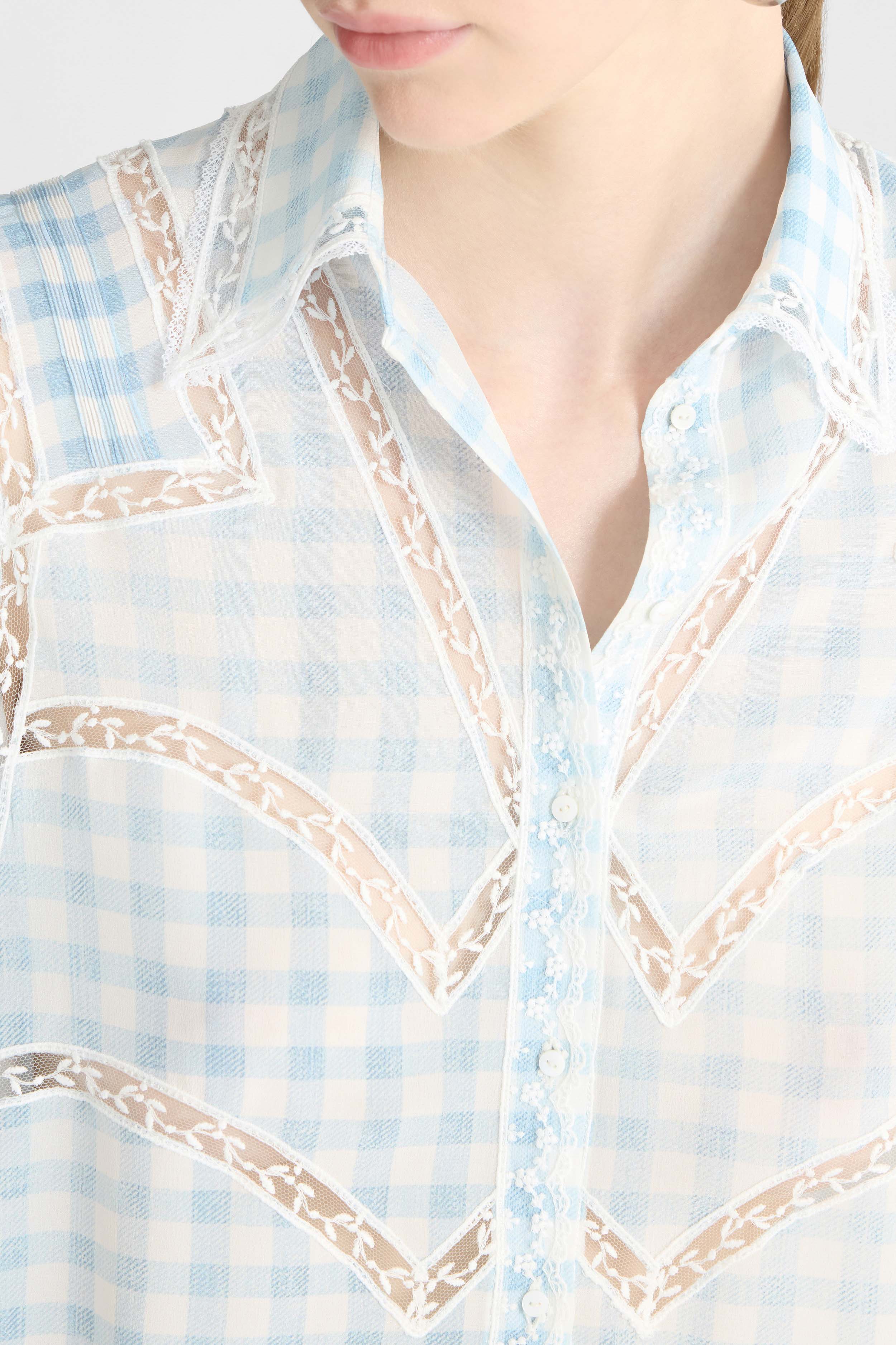 Cropped Silk Shirt with Blue Vichy Print and Valencienne Lace - Image 4