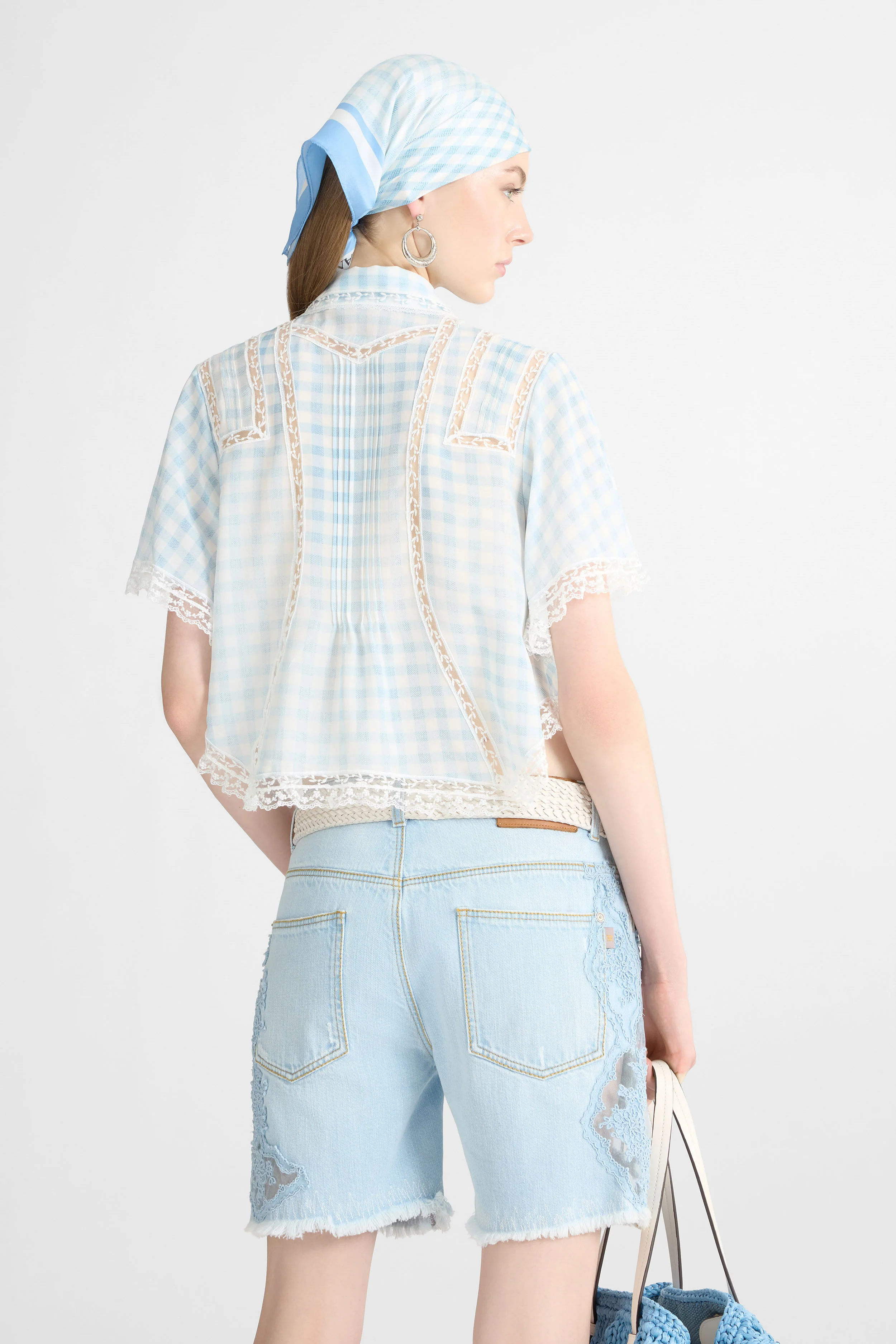 Cropped Silk Shirt with Blue Vichy Print and Valencienne Lace - Image 5