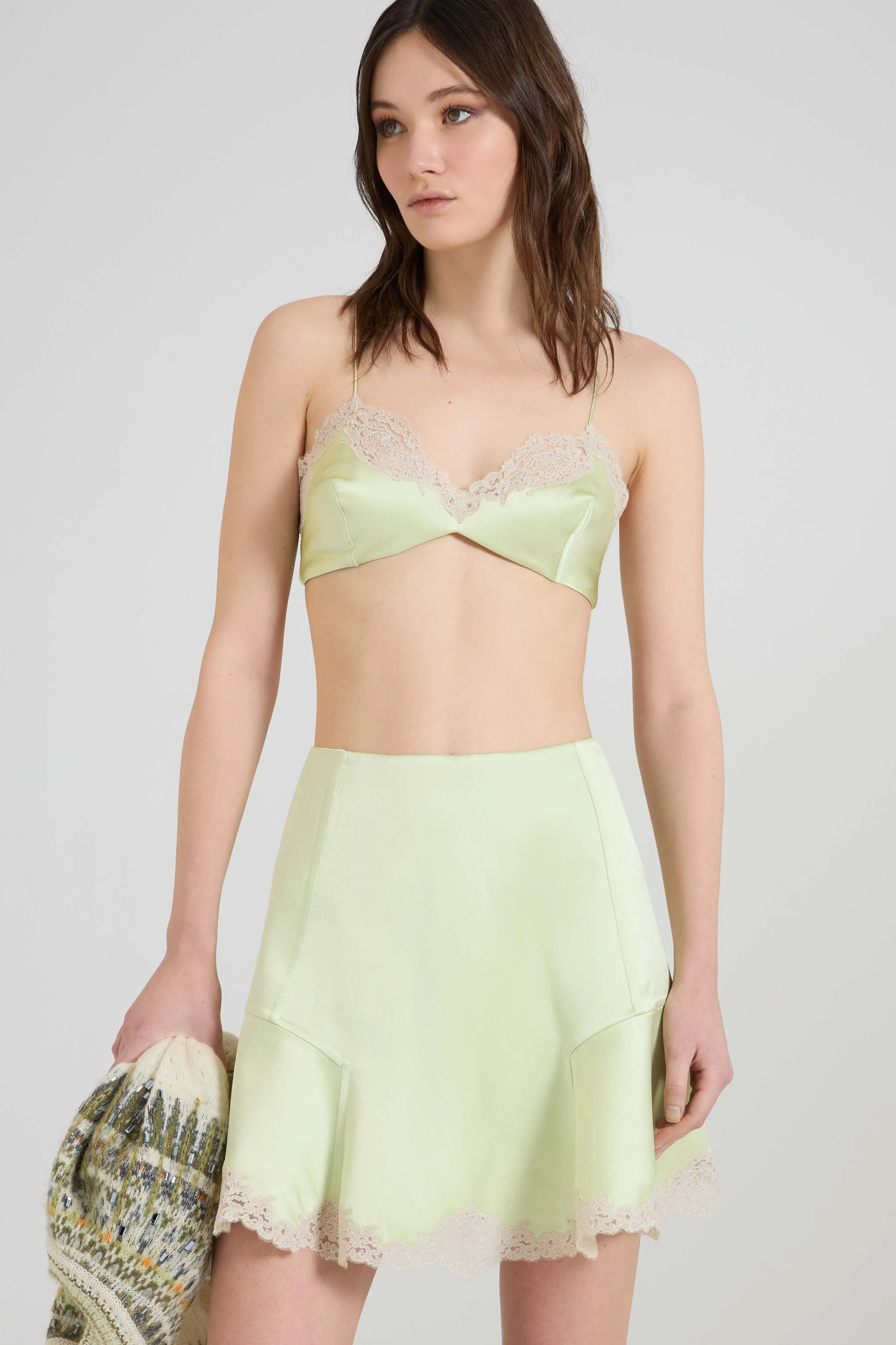 Deconstructed silk satin bra with contrasting rebrodé lace - Image 3