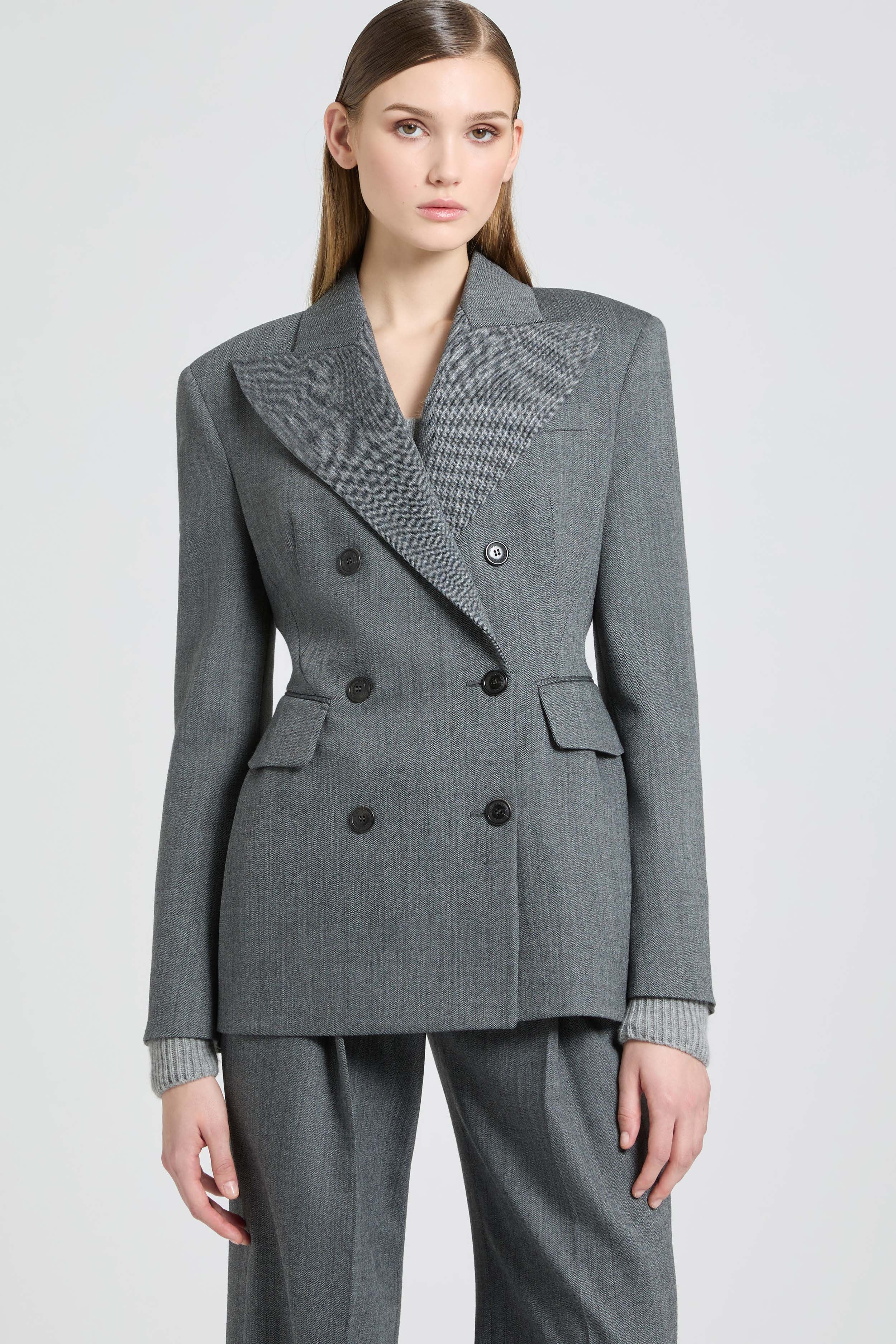 Double-Breasted Jacket in Fresco Wool with Yarn-Dyed Resca Pattern - Image 3
