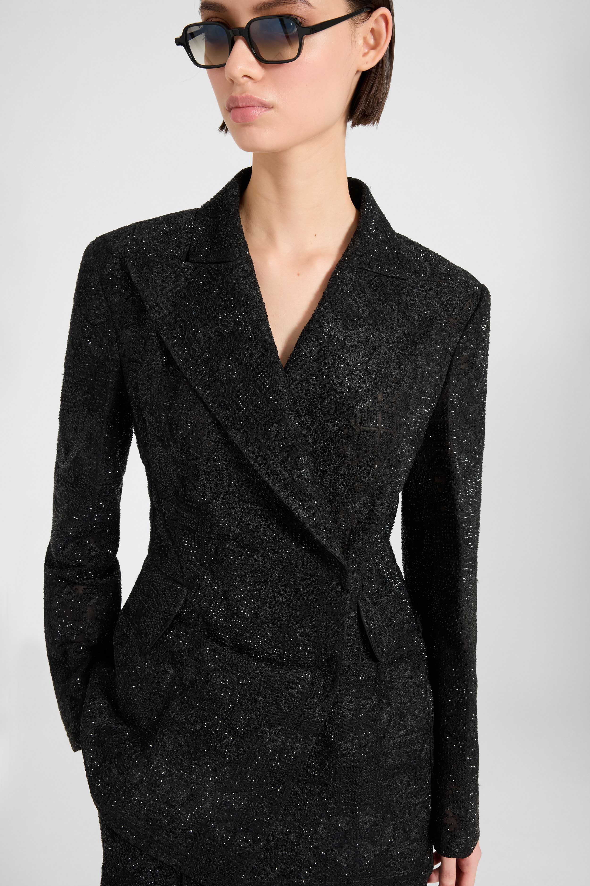 Double-breasted jacket in lace bonded with chiffon with hand-applied crystals - Image 3