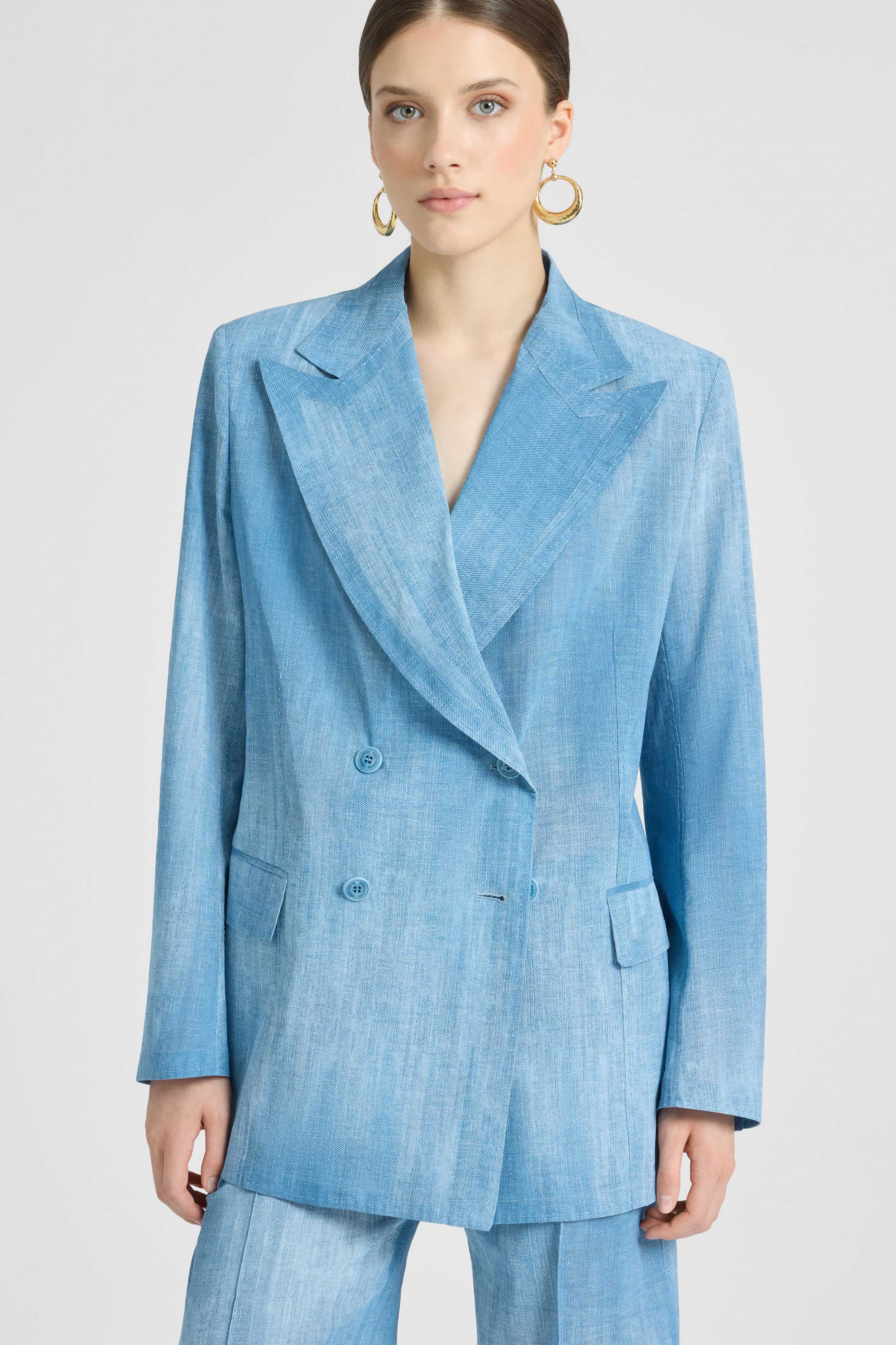Double-breasted jacket in silk-effect chiffon, jeans print - Image 4