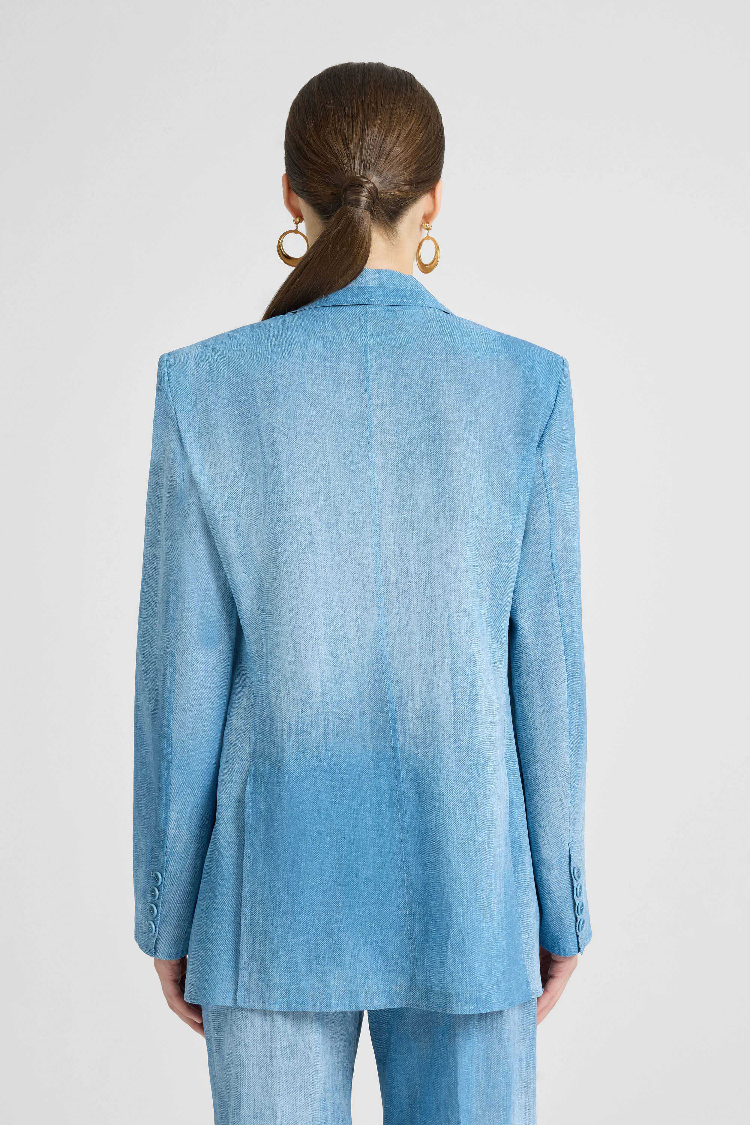 Double-breasted jacket in silk-effect chiffon, jeans print - Image 5
