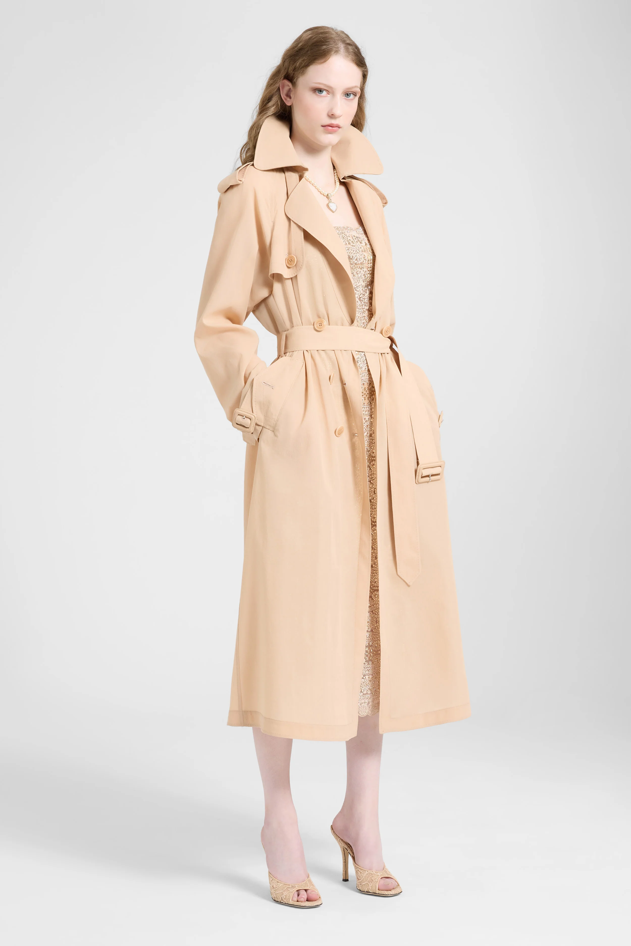 Double-breasted trench in georgette bonded with silk chiffon - Image 2