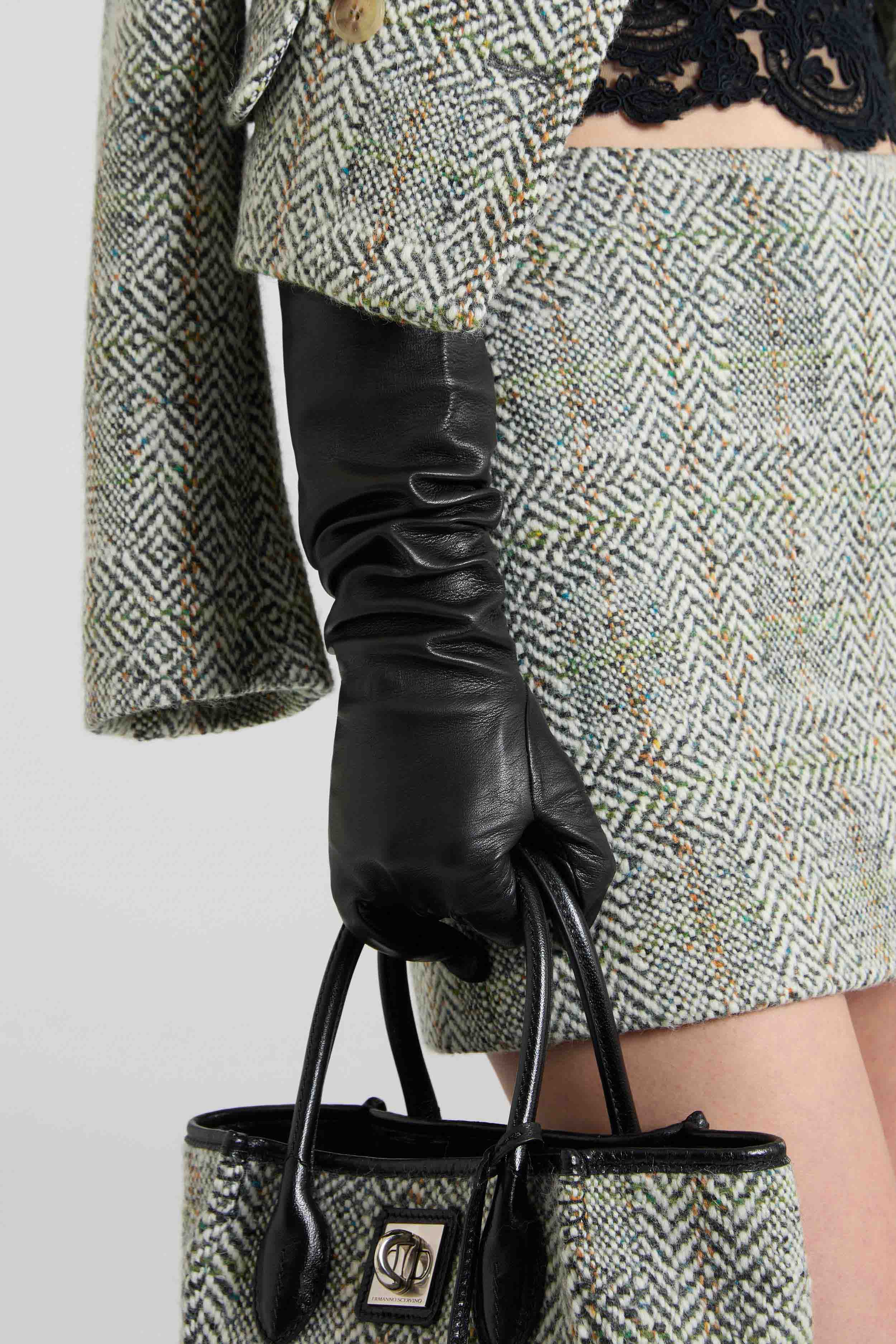 Elbow-Length Leather Gloves in Black - Image 2