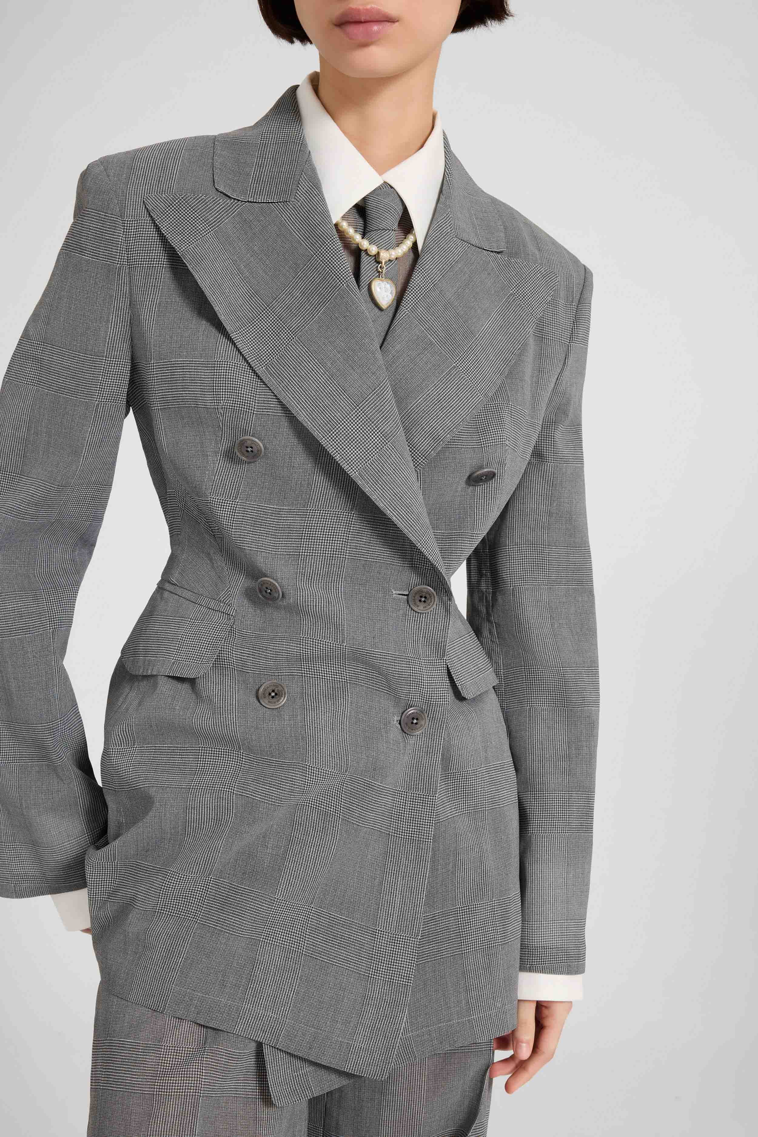 Fitted double-breasted jacket in technical georgette, sculptural model - Image 2