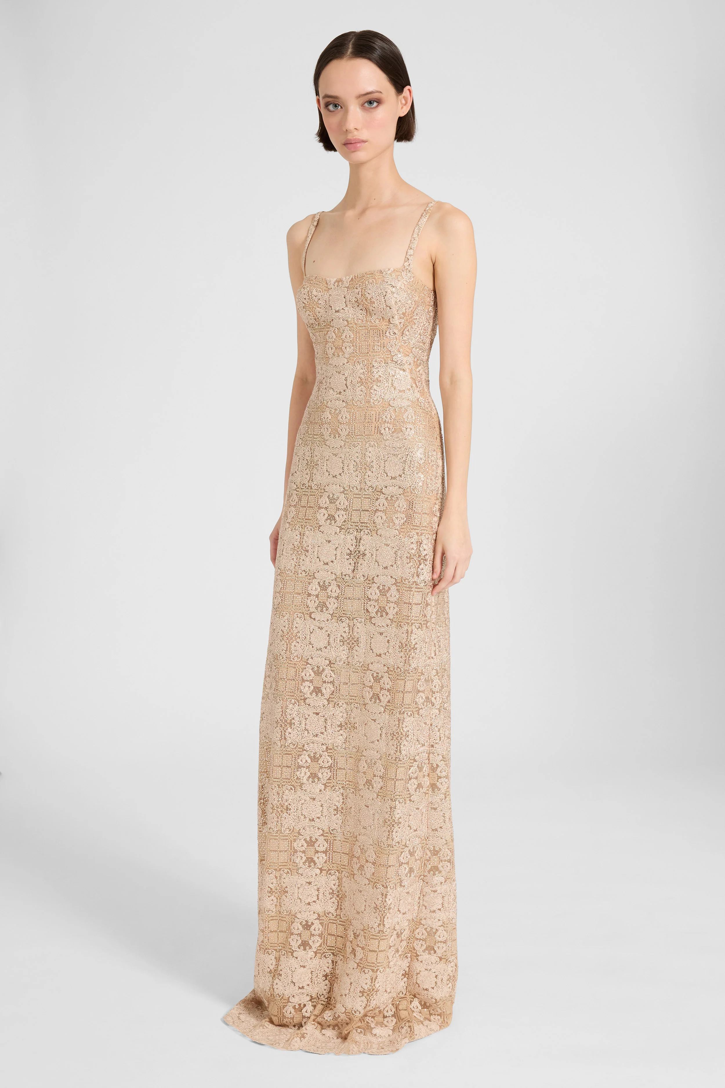 Fitted long dress in maiolica lace with crystals - Image 2