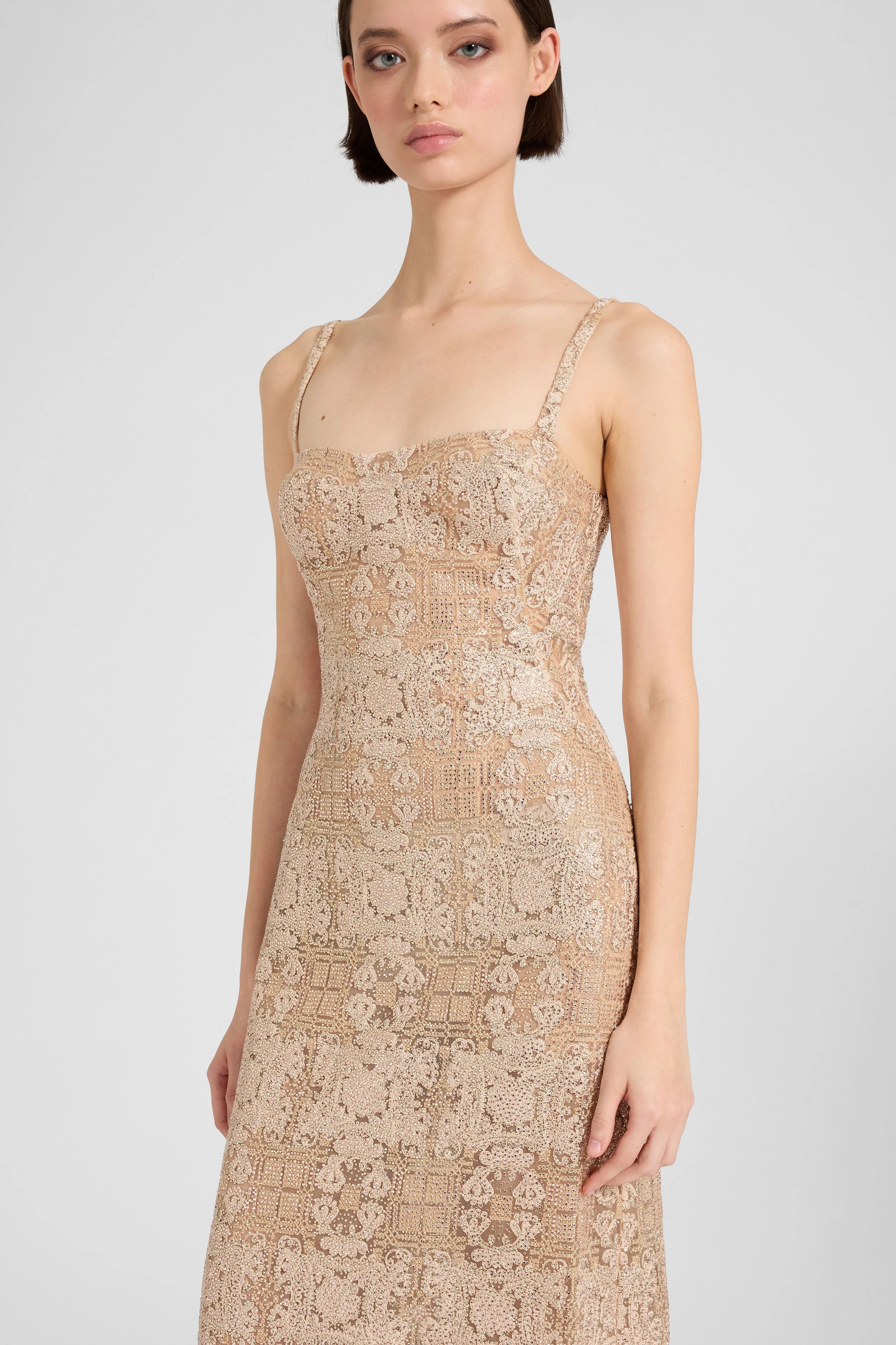 Fitted long dress in maiolica lace with crystals - Image 3