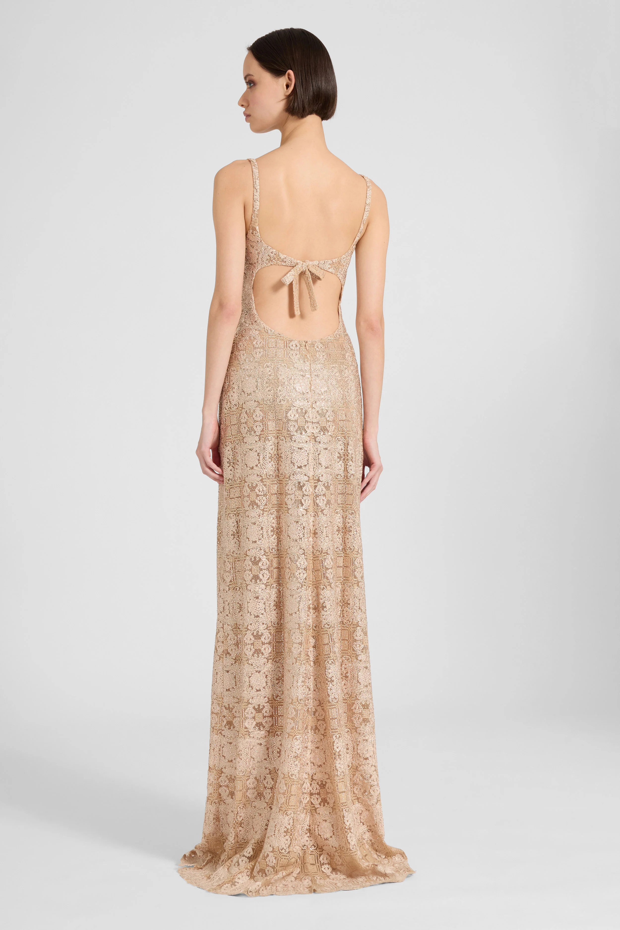 Fitted long dress in maiolica lace with crystals - Image 6