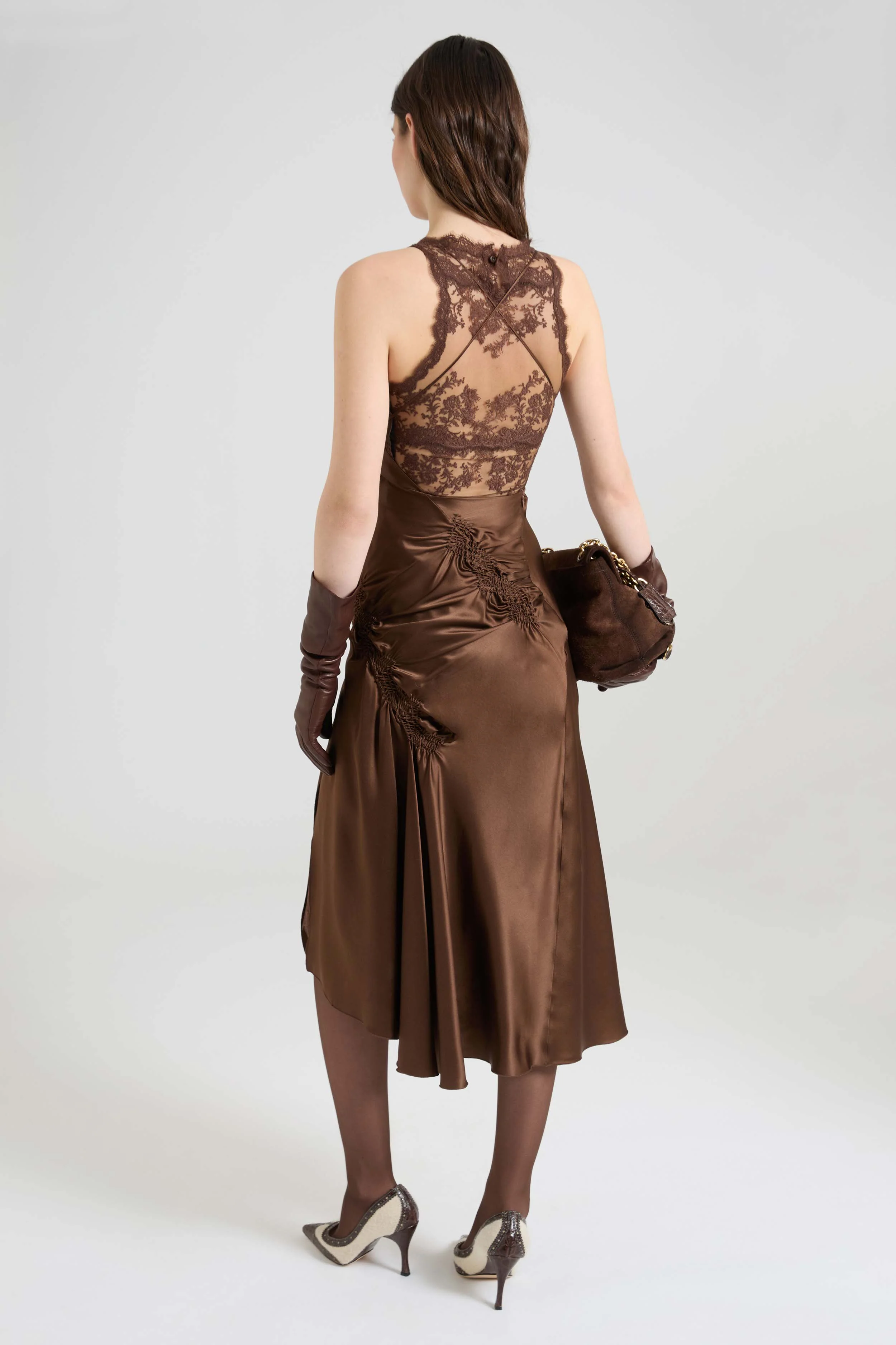 Hand-draped silk satin midi dress with lace details - Image 5