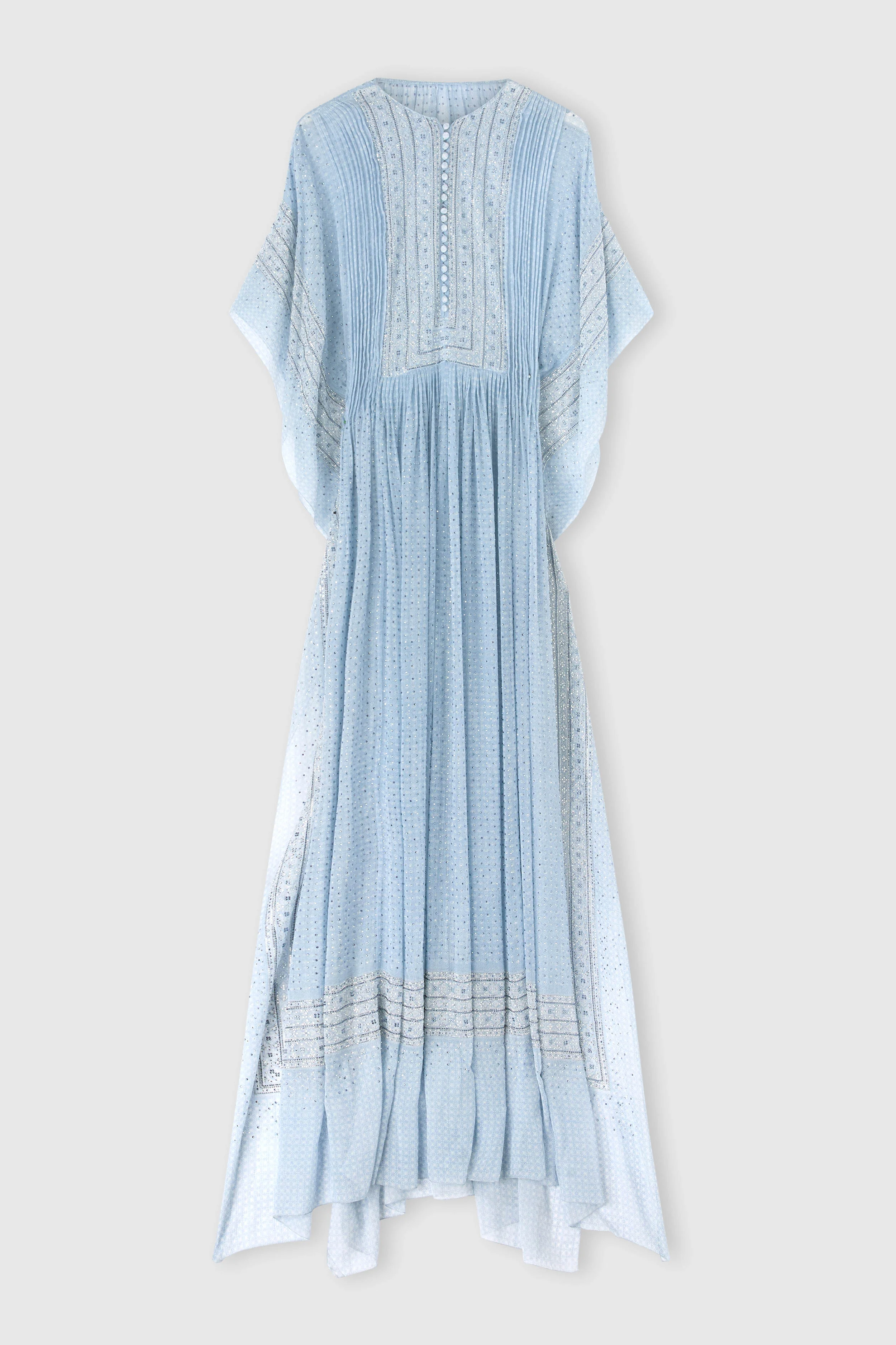 Kaftan in printed silk with hand-applied crystals