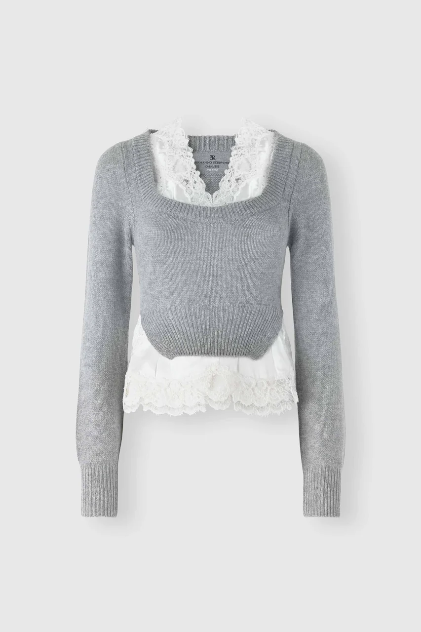 Layer-effect cashmere sweater with lingerie-inspired details