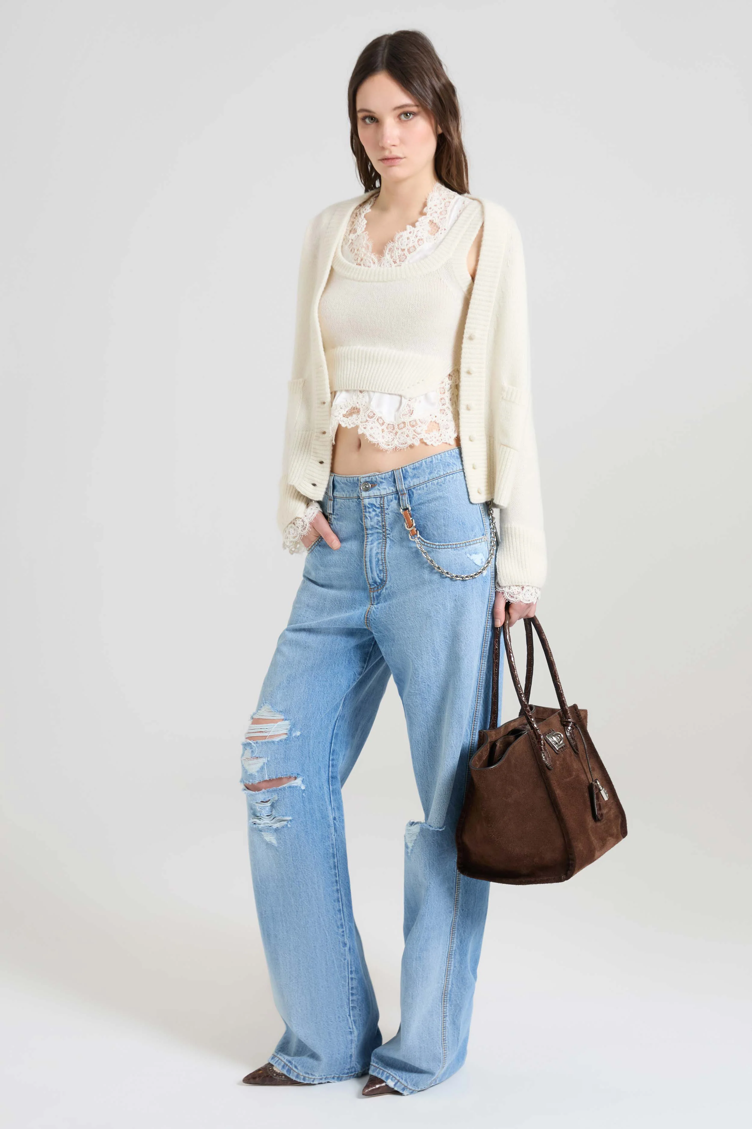 Layer-effect cashmere top with lace details - Image 2