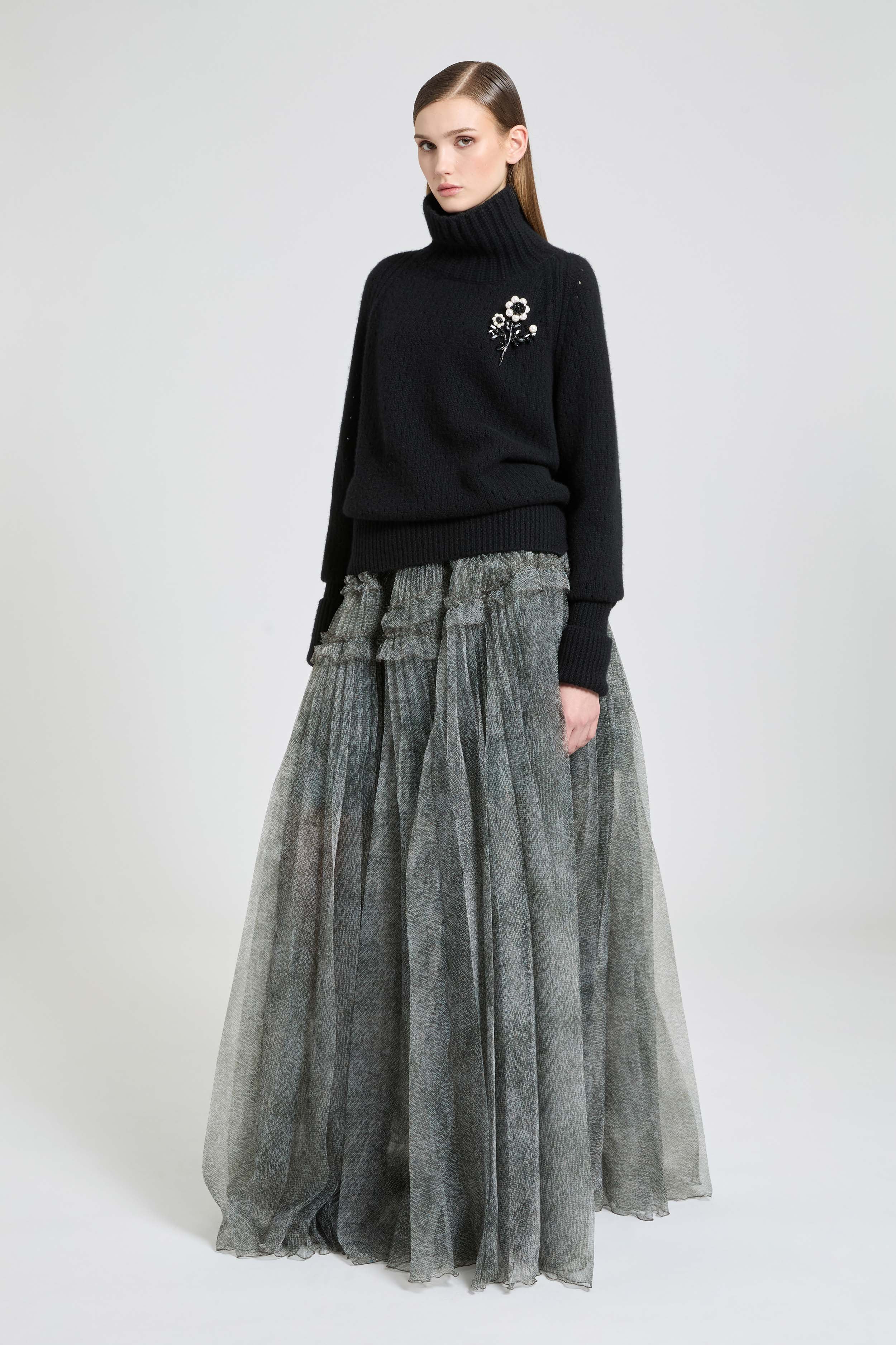 Long balloon skirt in technical organza with knickerbocker print - Image 2