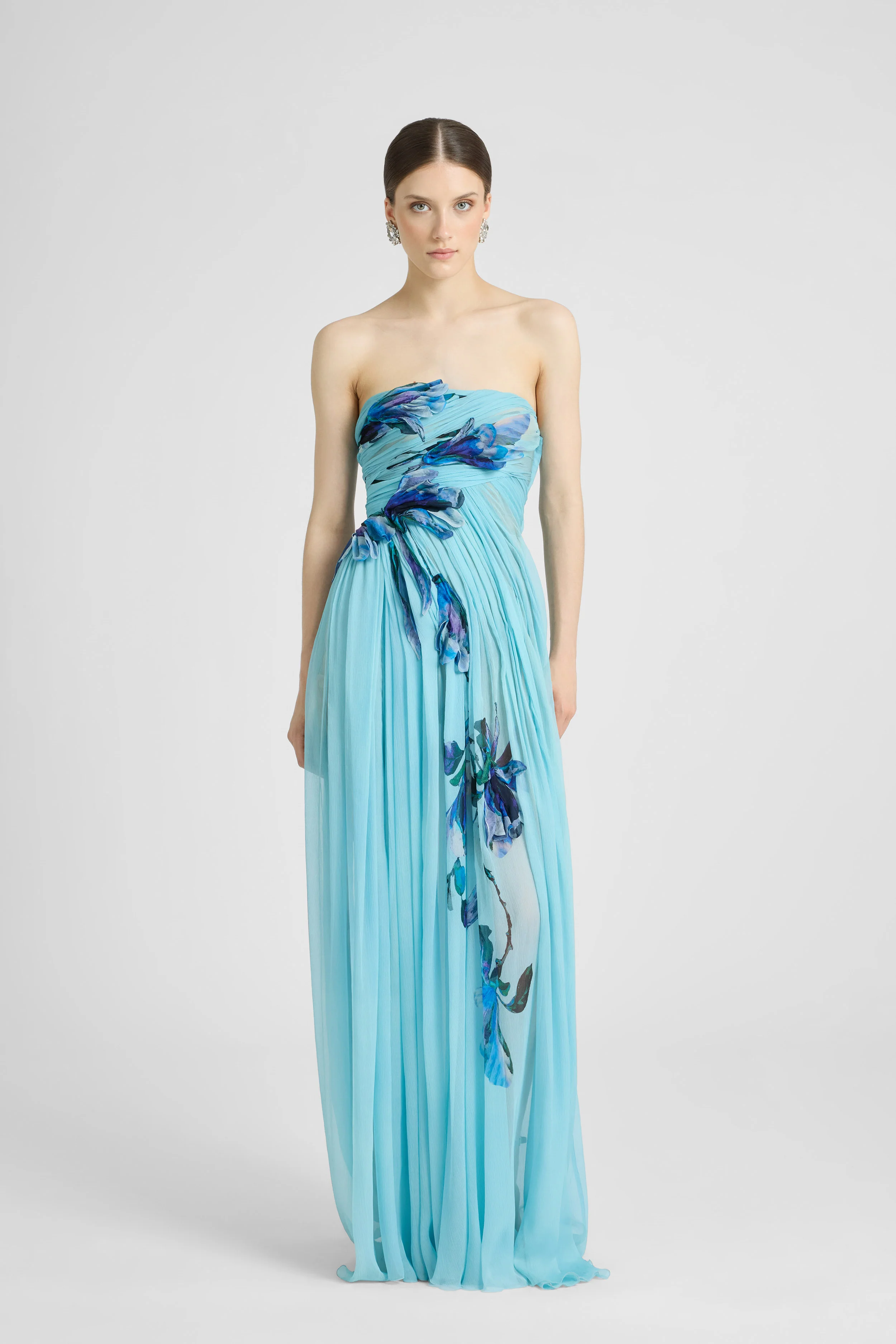 Long Bustier Dress in Silk Chiffon with Floral Applications - Image 2