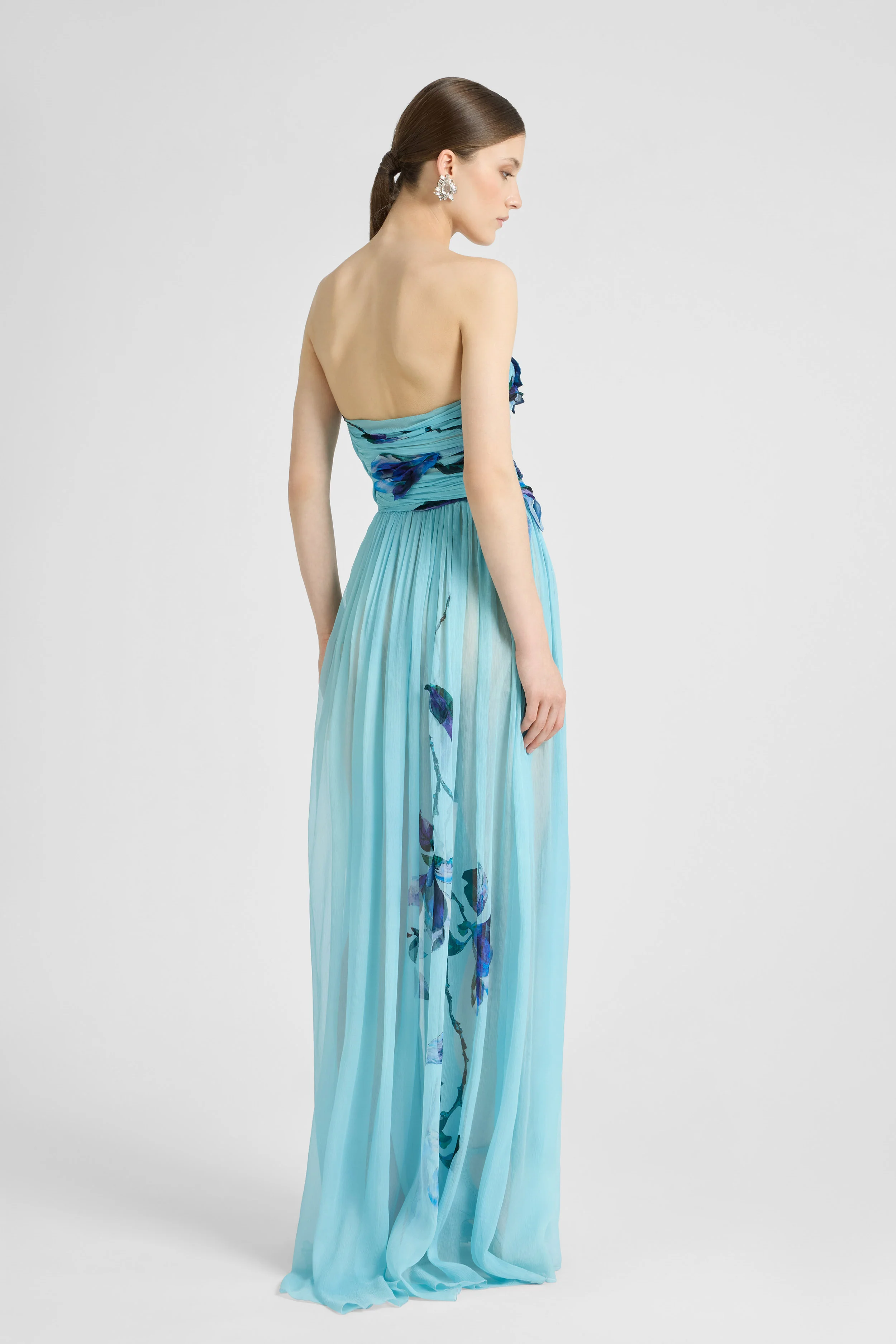 Long Bustier Dress in Silk Chiffon with Floral Applications - Image 5