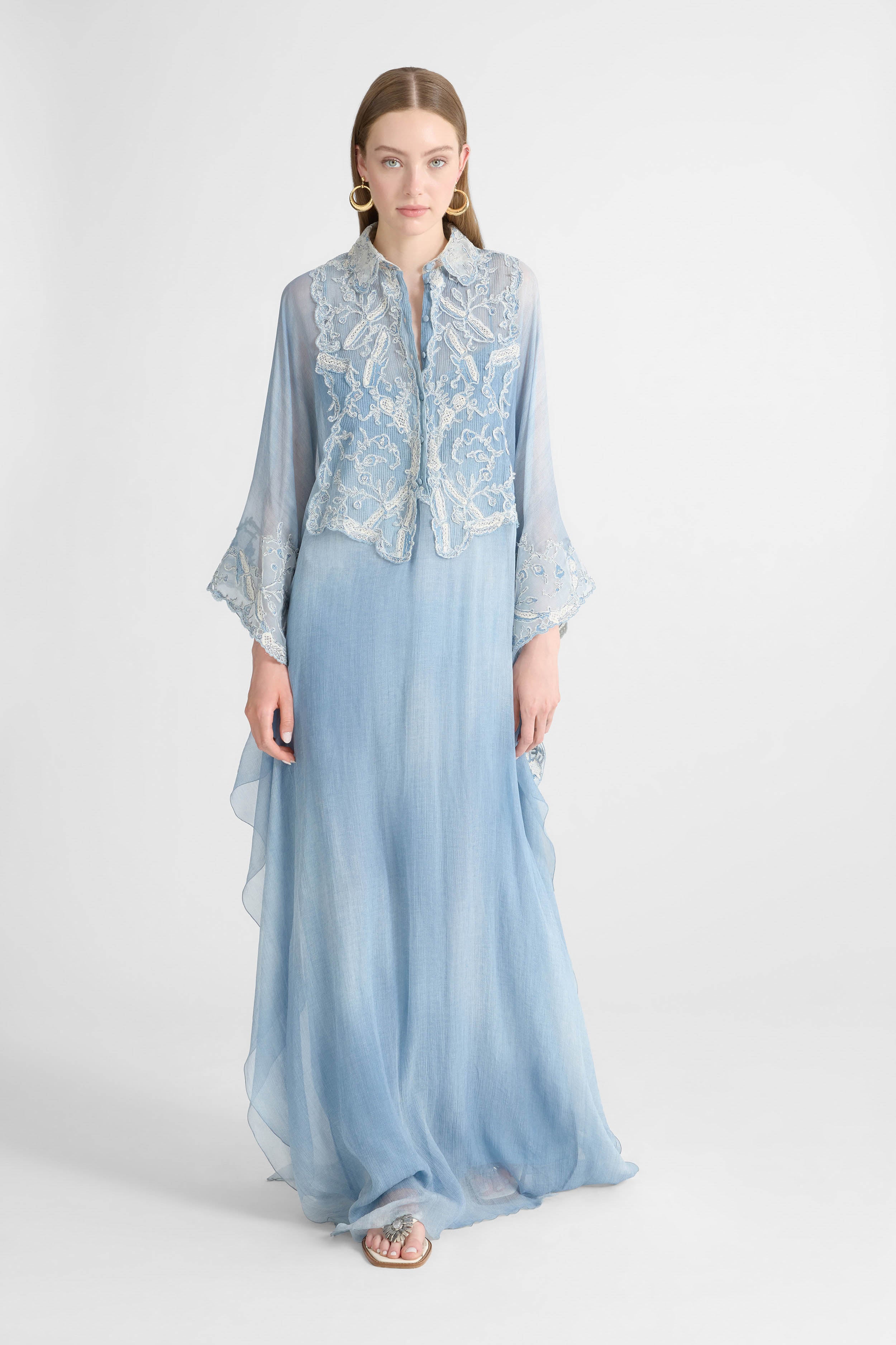 Long Kaftan Dress in Silk Jeans Print with Lace Details - Image 5