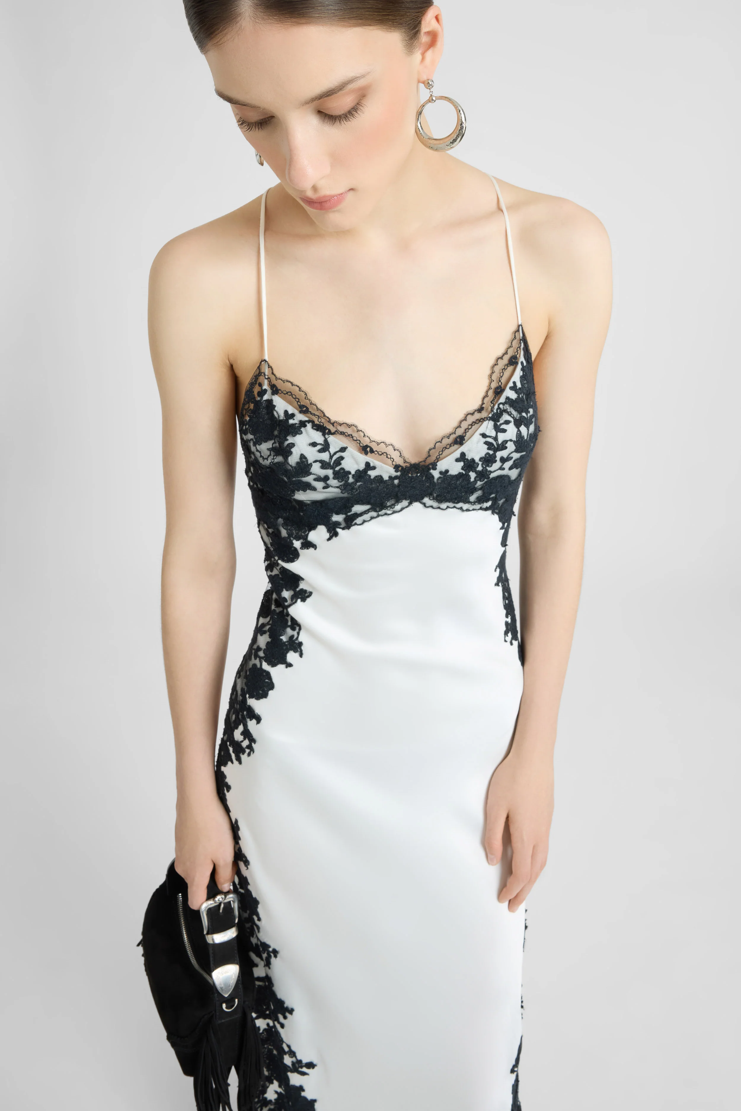 Long lingerie-style dress in pure silk satin with rebrodé lace - Image 3