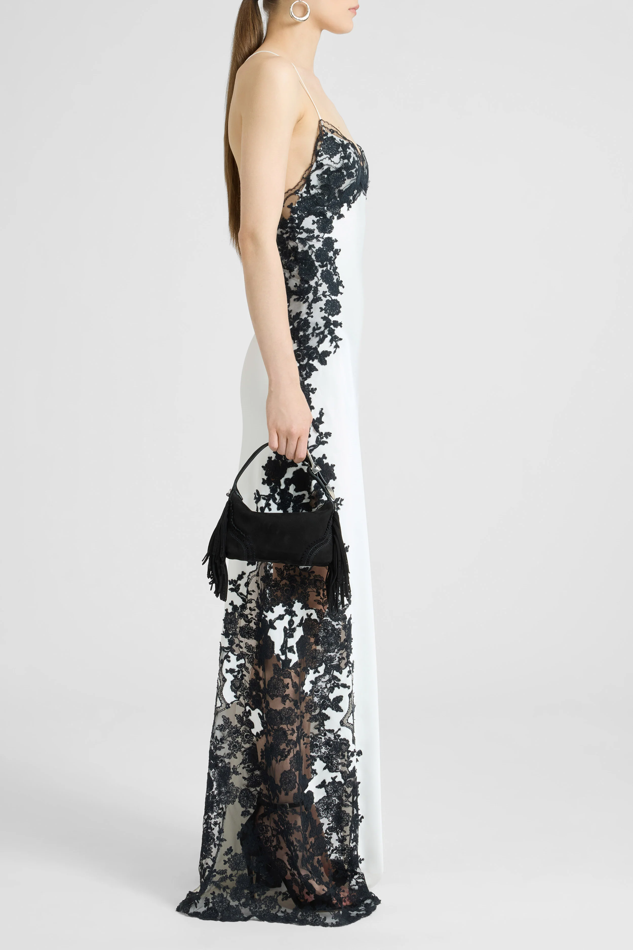 Long lingerie-style dress in pure silk satin with rebrodé lace - Image 4