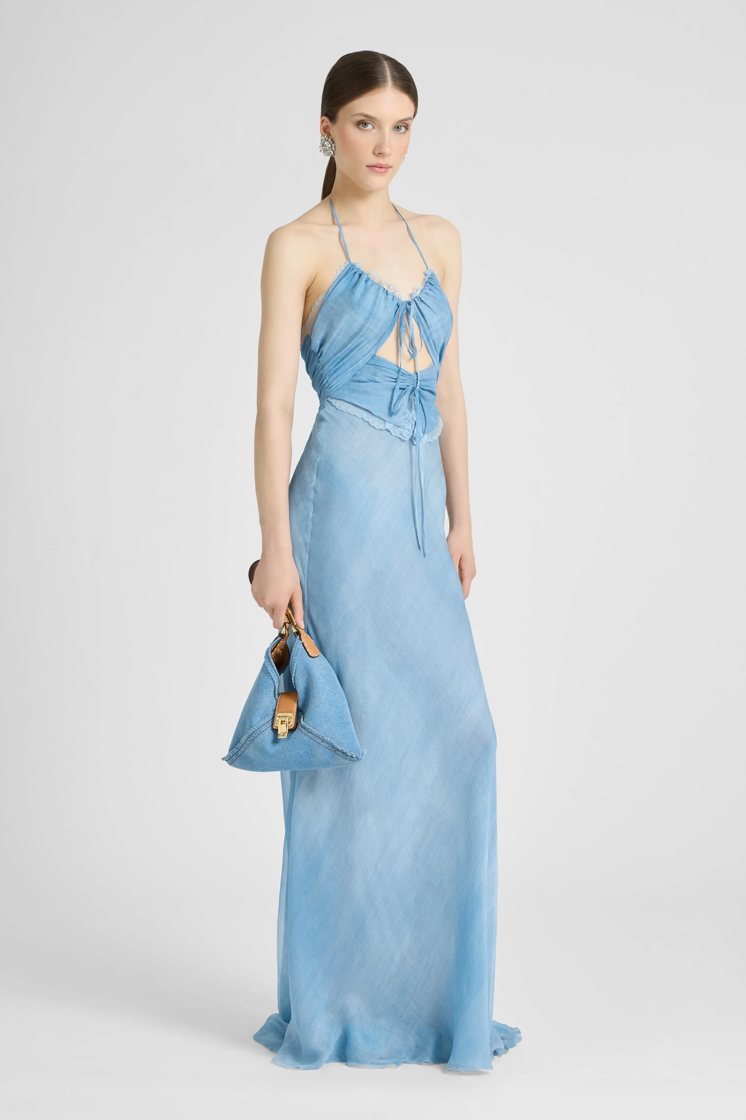 Long Lingerie-Style Dress in Silk Jeans Print with Lace Details - Image 3