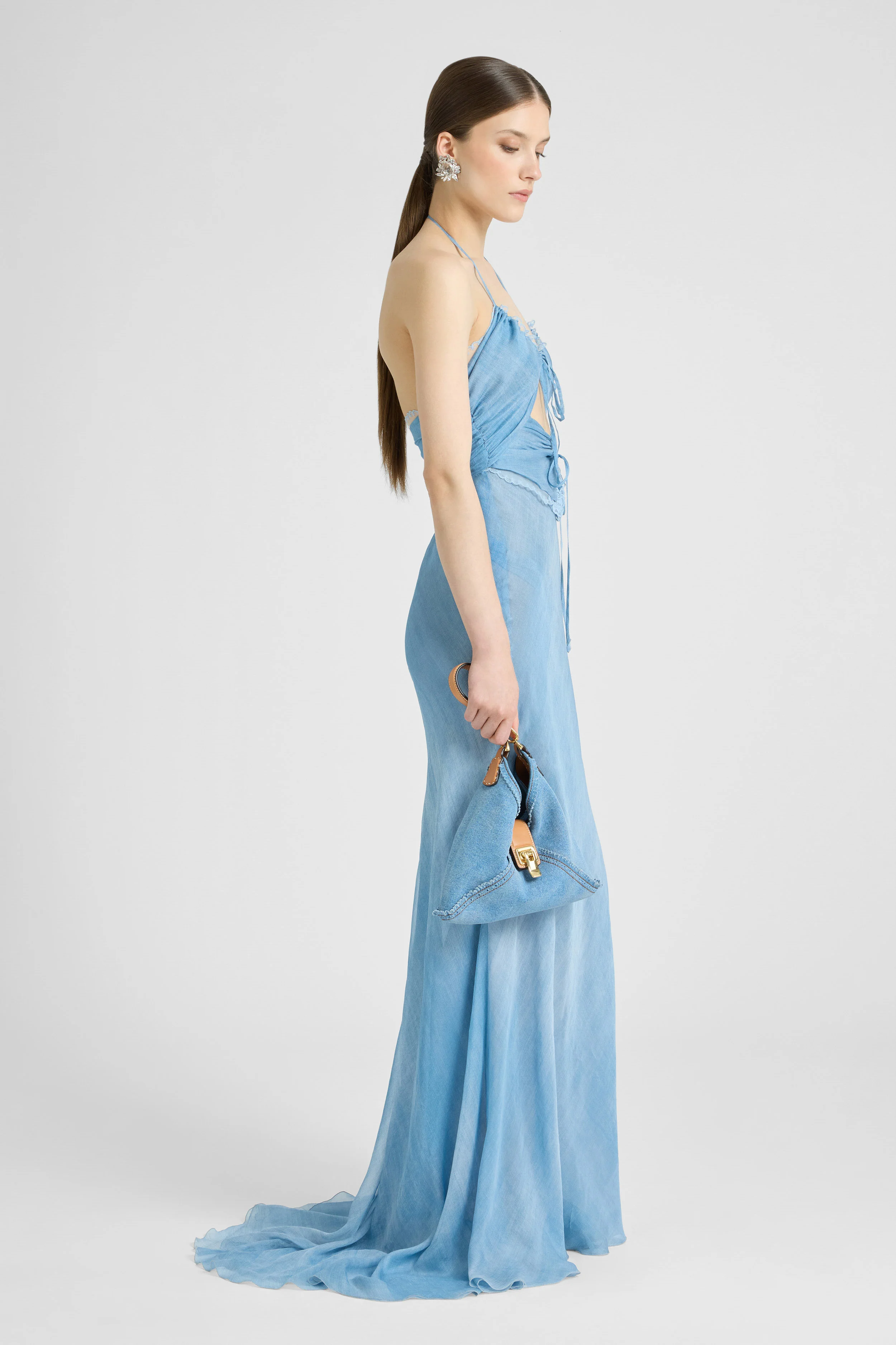 Long Lingerie-Style Dress in Silk Jeans Print with Lace Details - Image 4