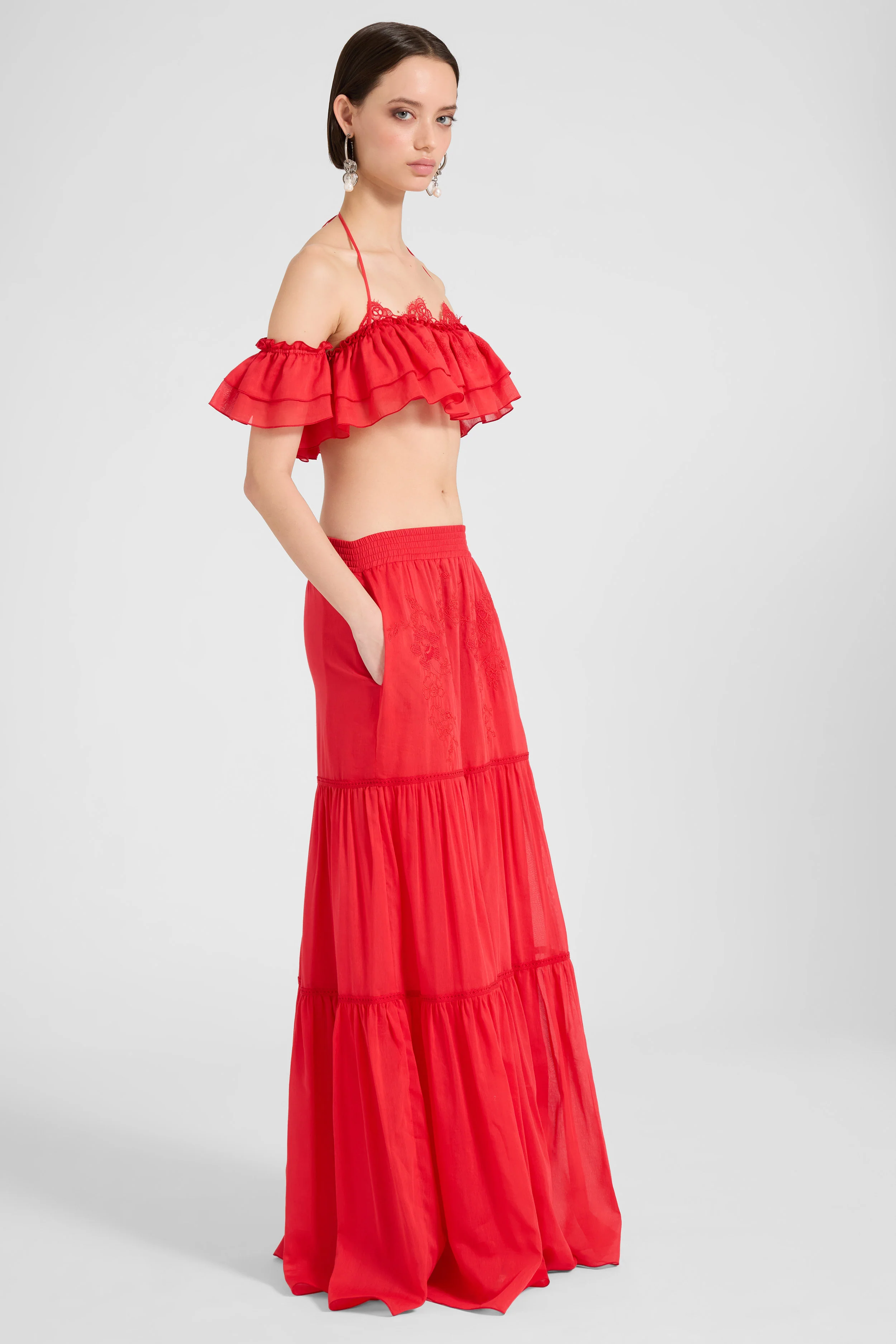 Long skirt in cotton and silk blend with tiers and lace insert - Image 2