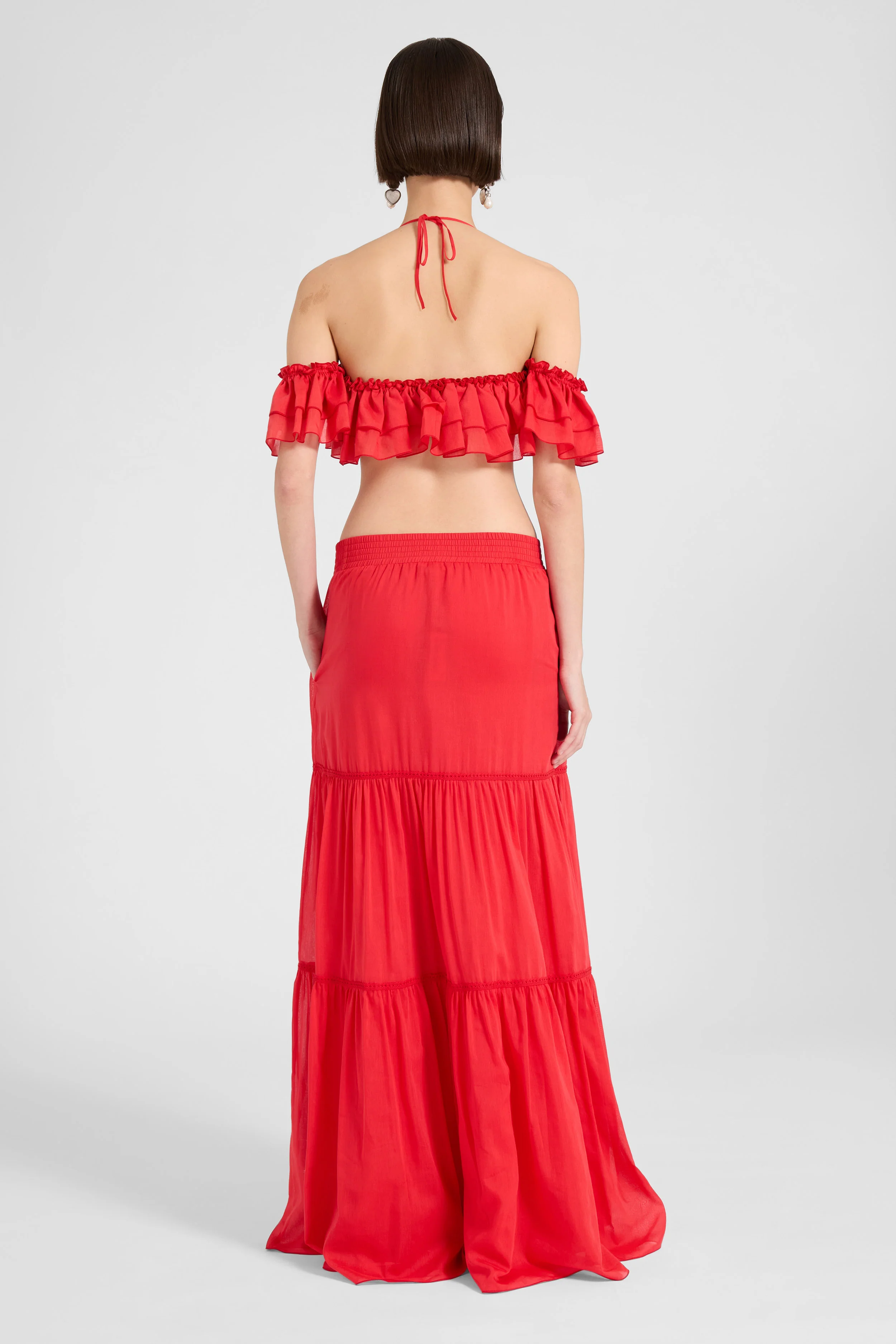 Long skirt in cotton and silk blend with tiers and lace insert - Image 5