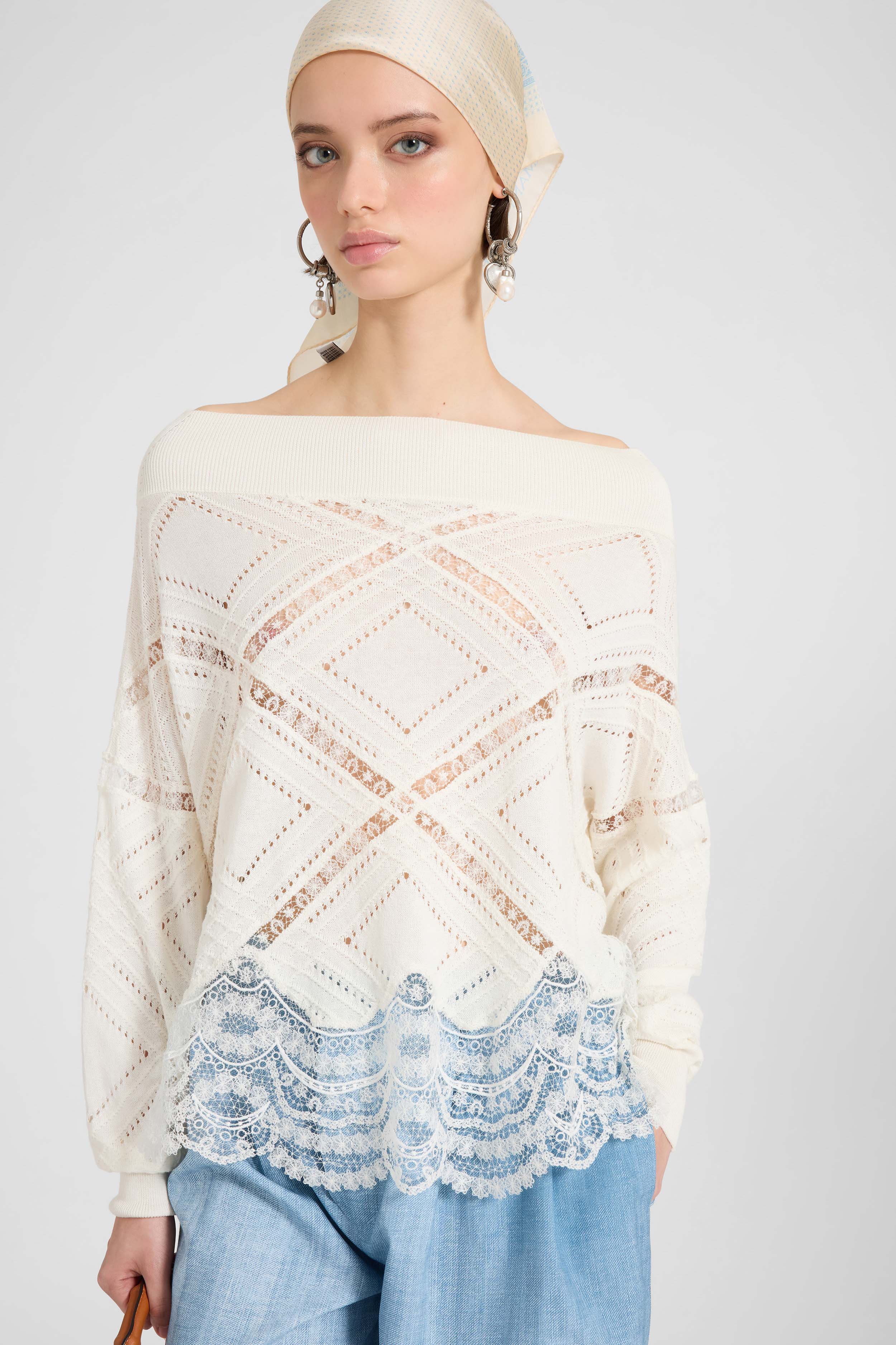 Long-sleeve sweater in cotton, silk and lace - Image 3