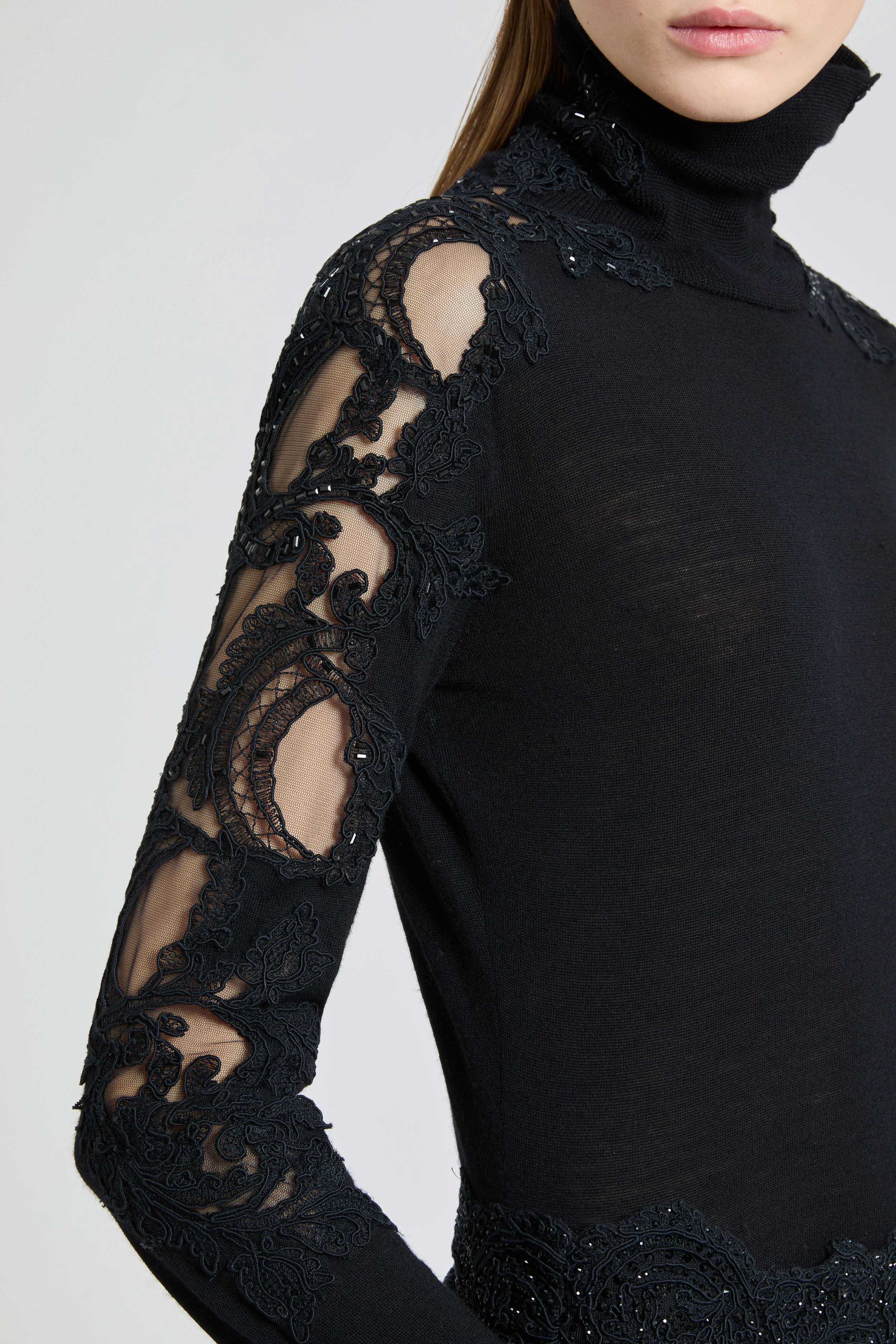 Long-sleeved virgin wool turtleneck sweater with lace and crystals - Image 4