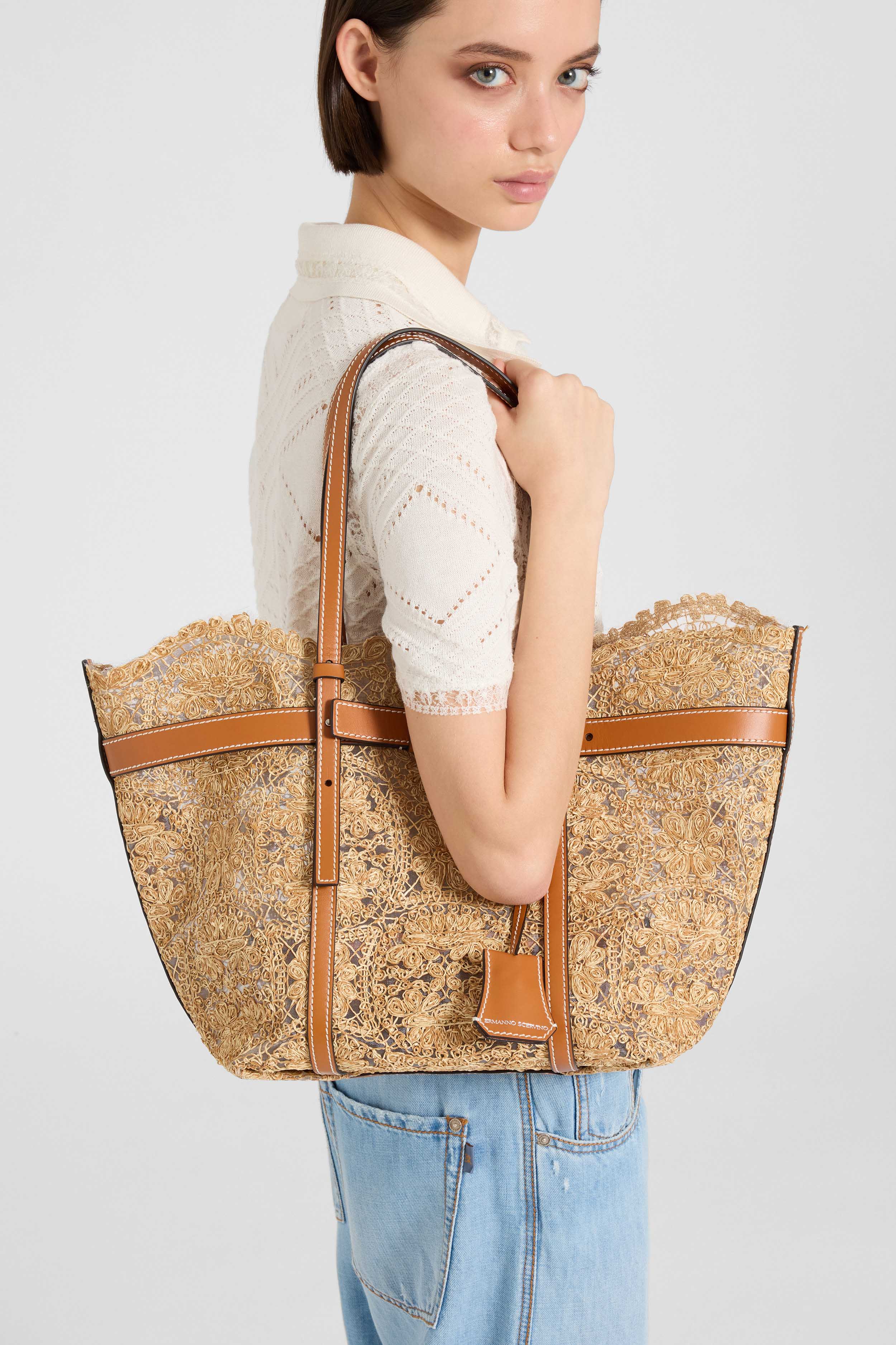 Medium natural shopping bag in raffia lace maiolica - Image 2