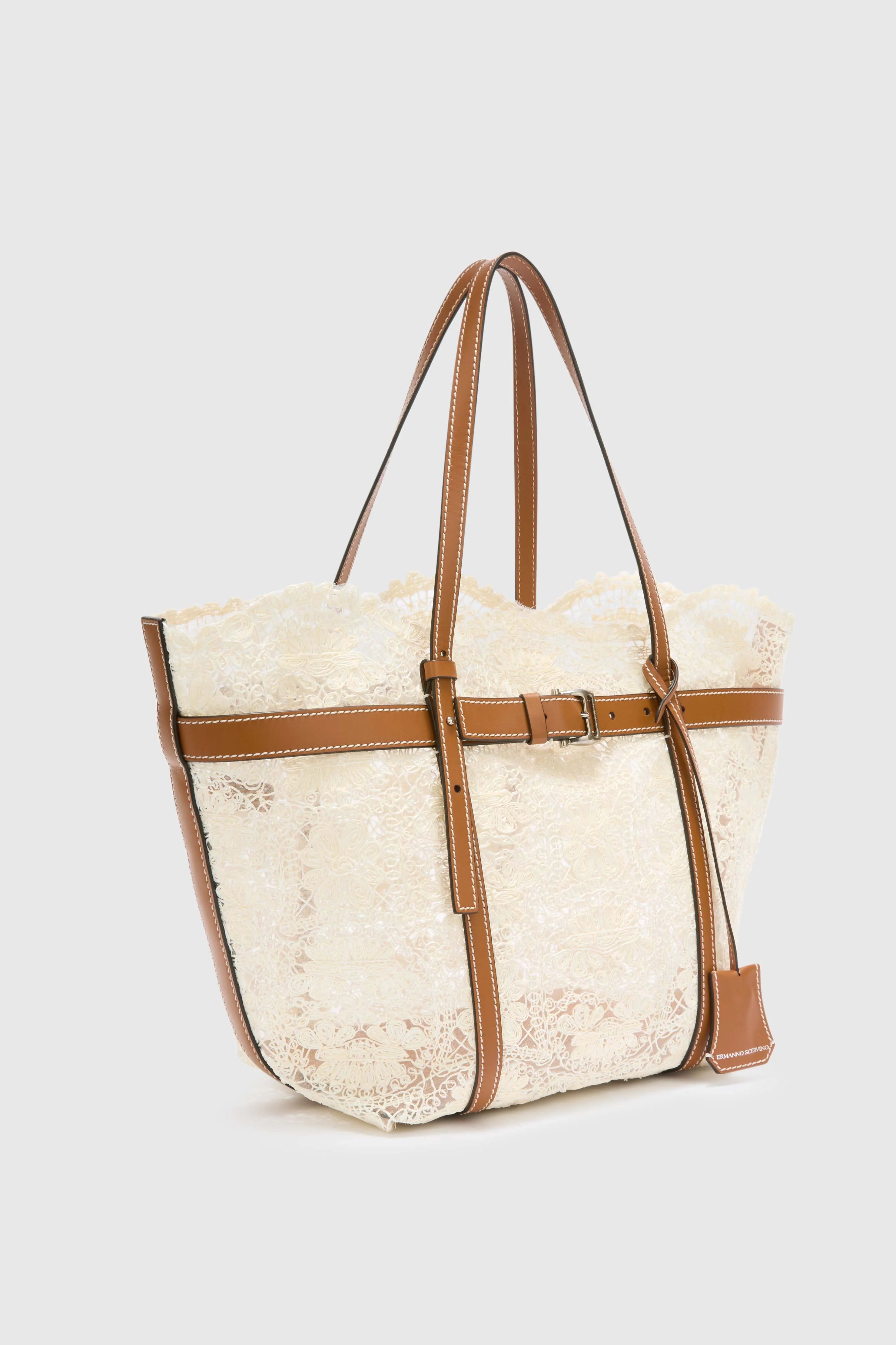Medium white shopping bag in raffia lace maiolica - Image 3