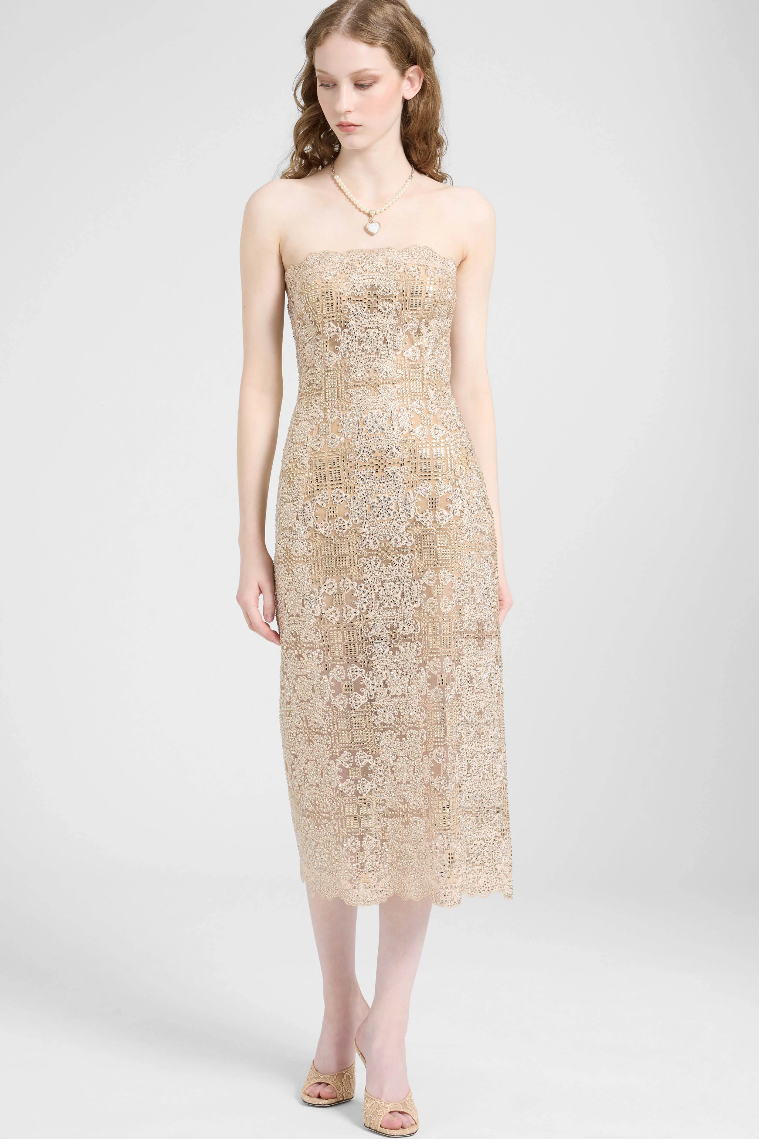 Midi bustier dress in tulle with maiolica embroidery and crystals - Image 3