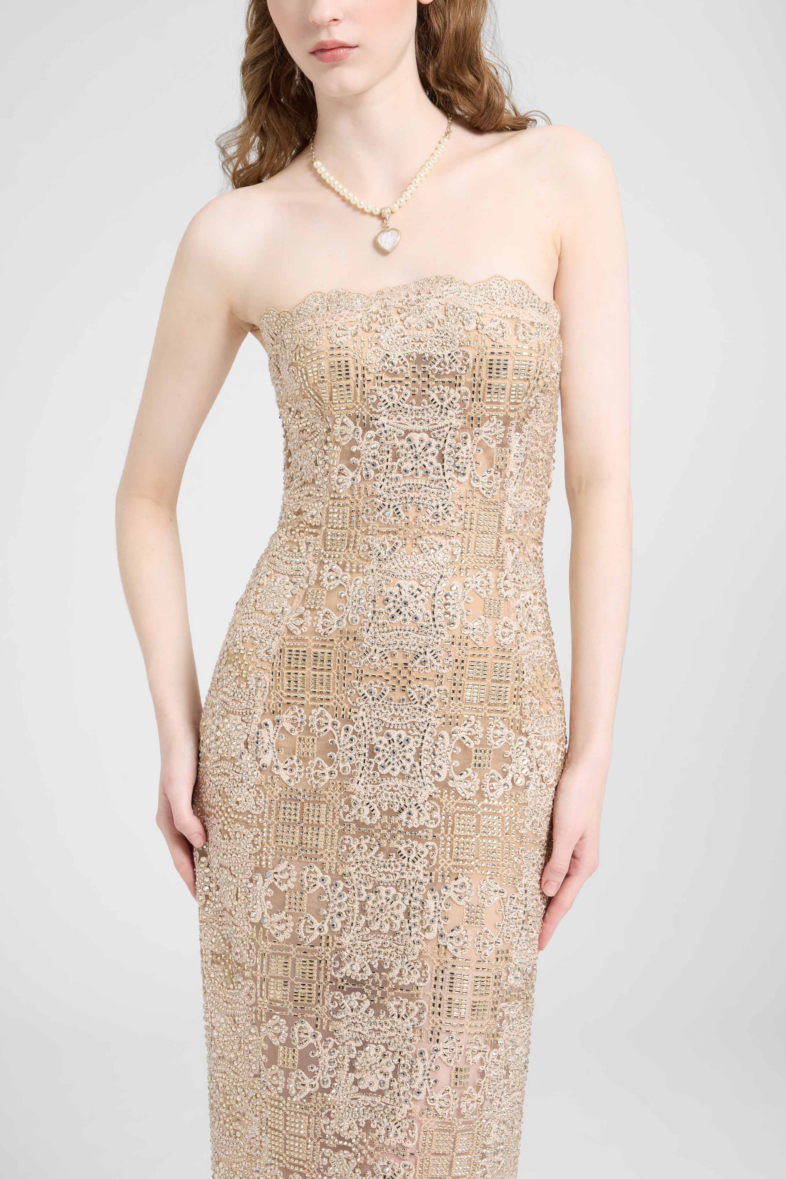 Midi bustier dress in tulle with maiolica embroidery and crystals - Image 4