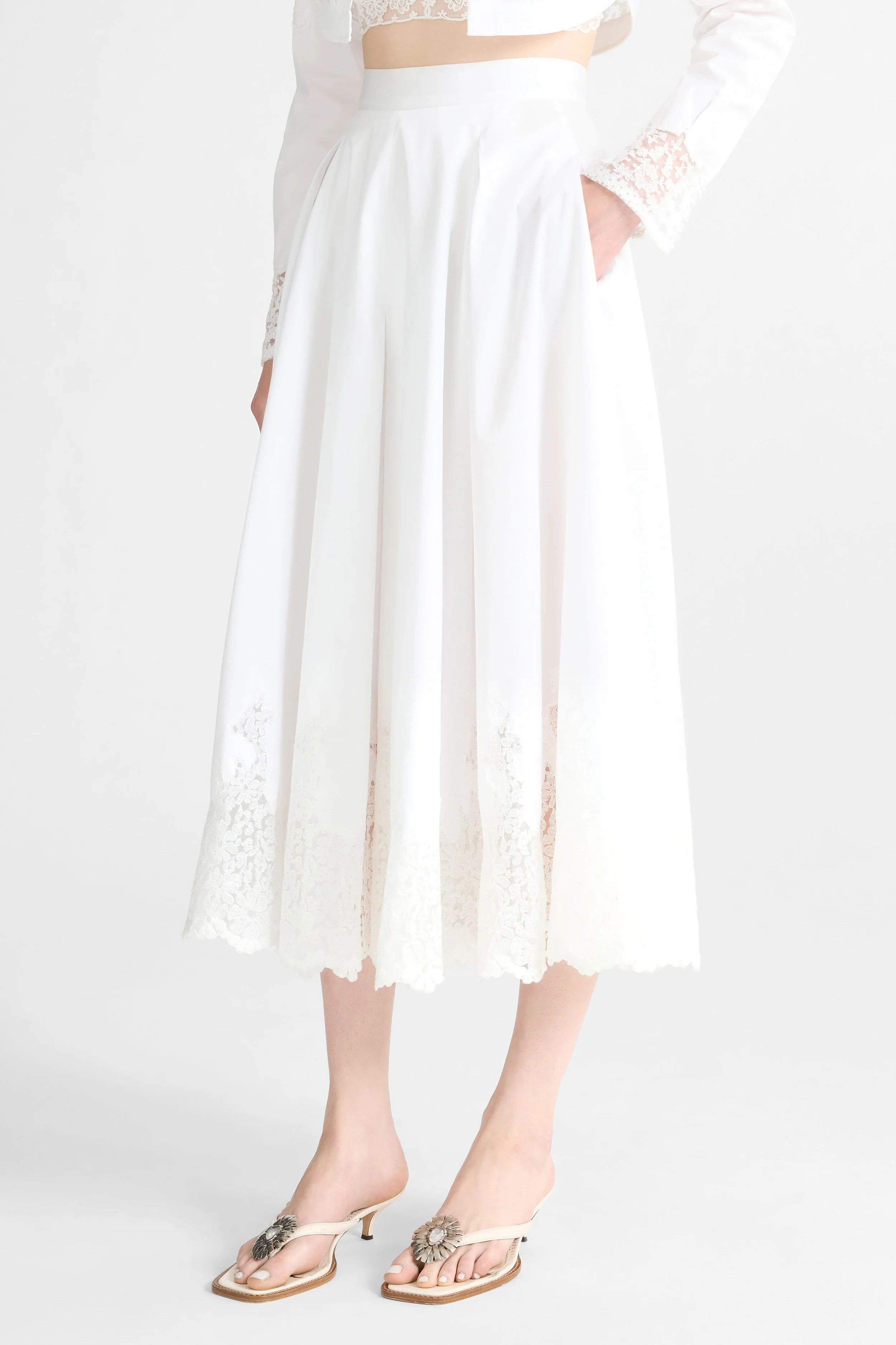 Midi Cotton Poplin Skirt with Hand-Applied Rebrodé Lace - Image 2