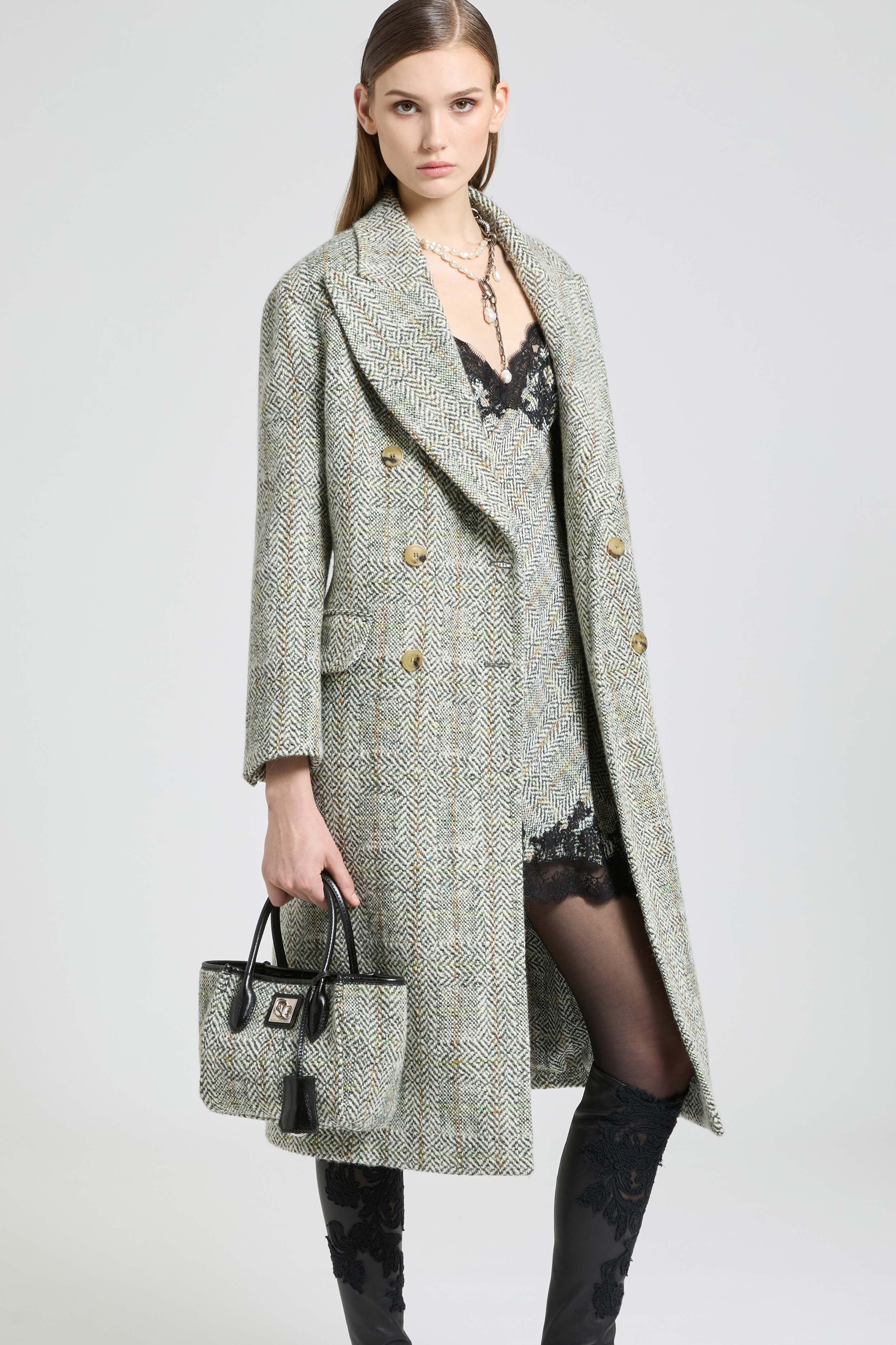 Midi Double-Breasted Coat in Resca Wool Yarn-Dyed with Leather Belt - Image 3