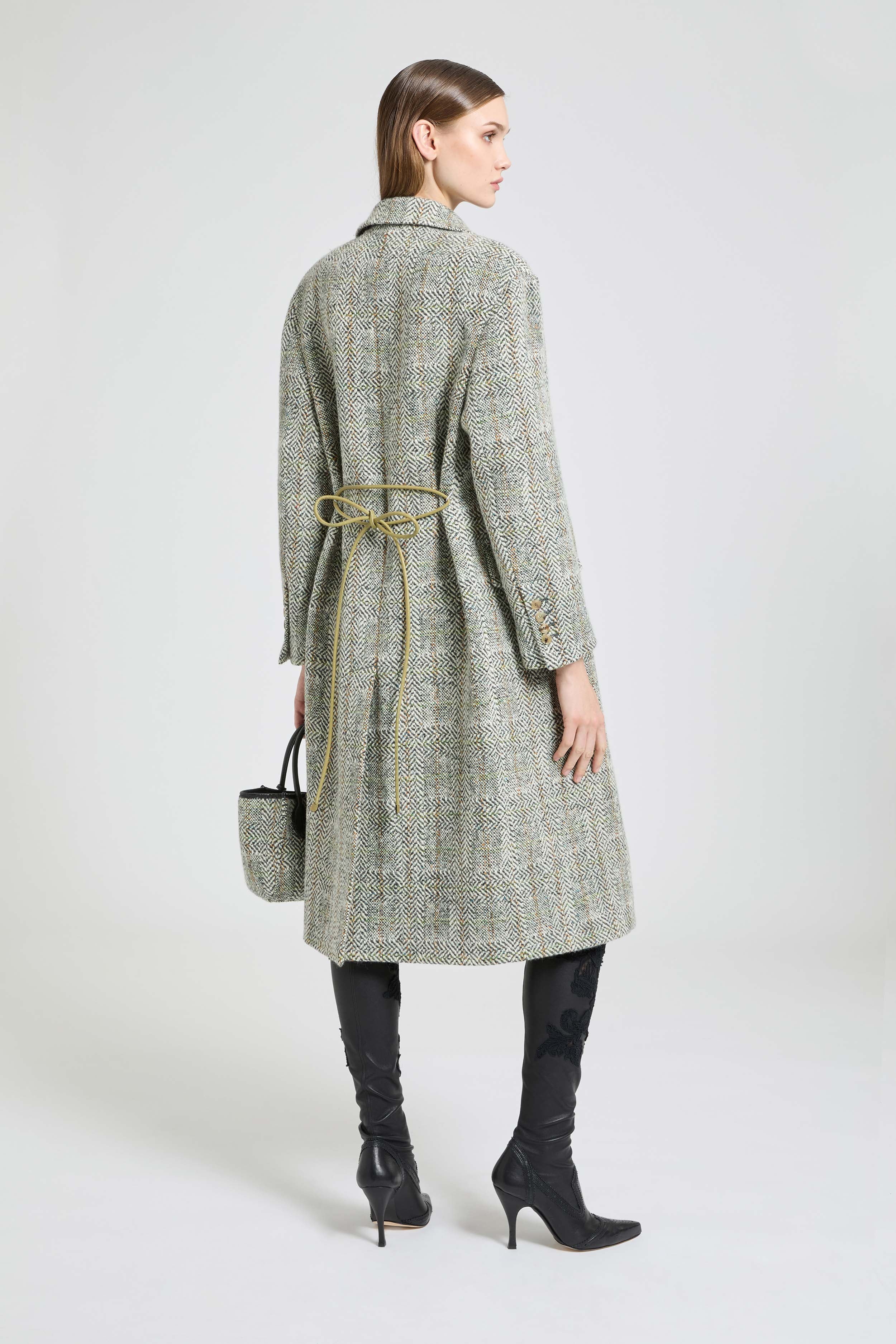 Midi Double-Breasted Coat in Resca Wool Yarn-Dyed with Leather Belt - Image 4