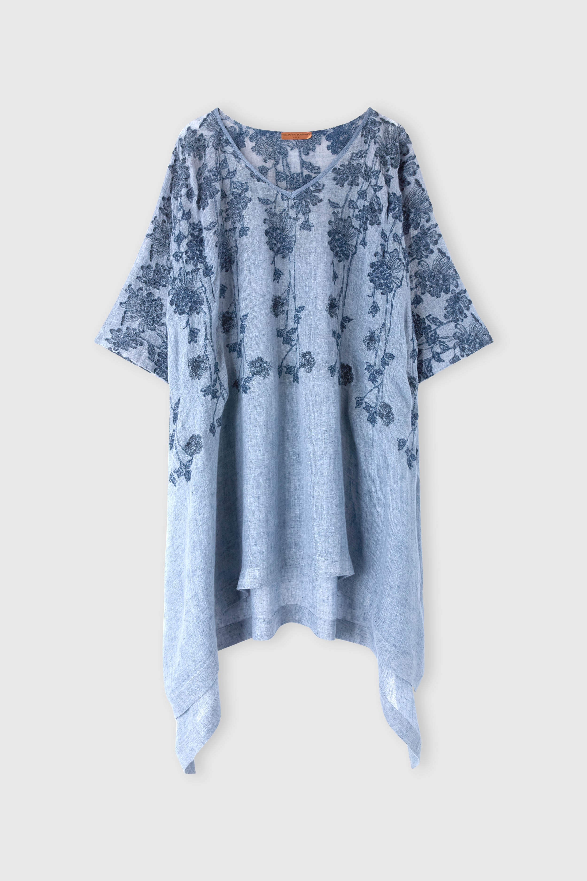 Midi pure linen denim-print kaftan with floral motif